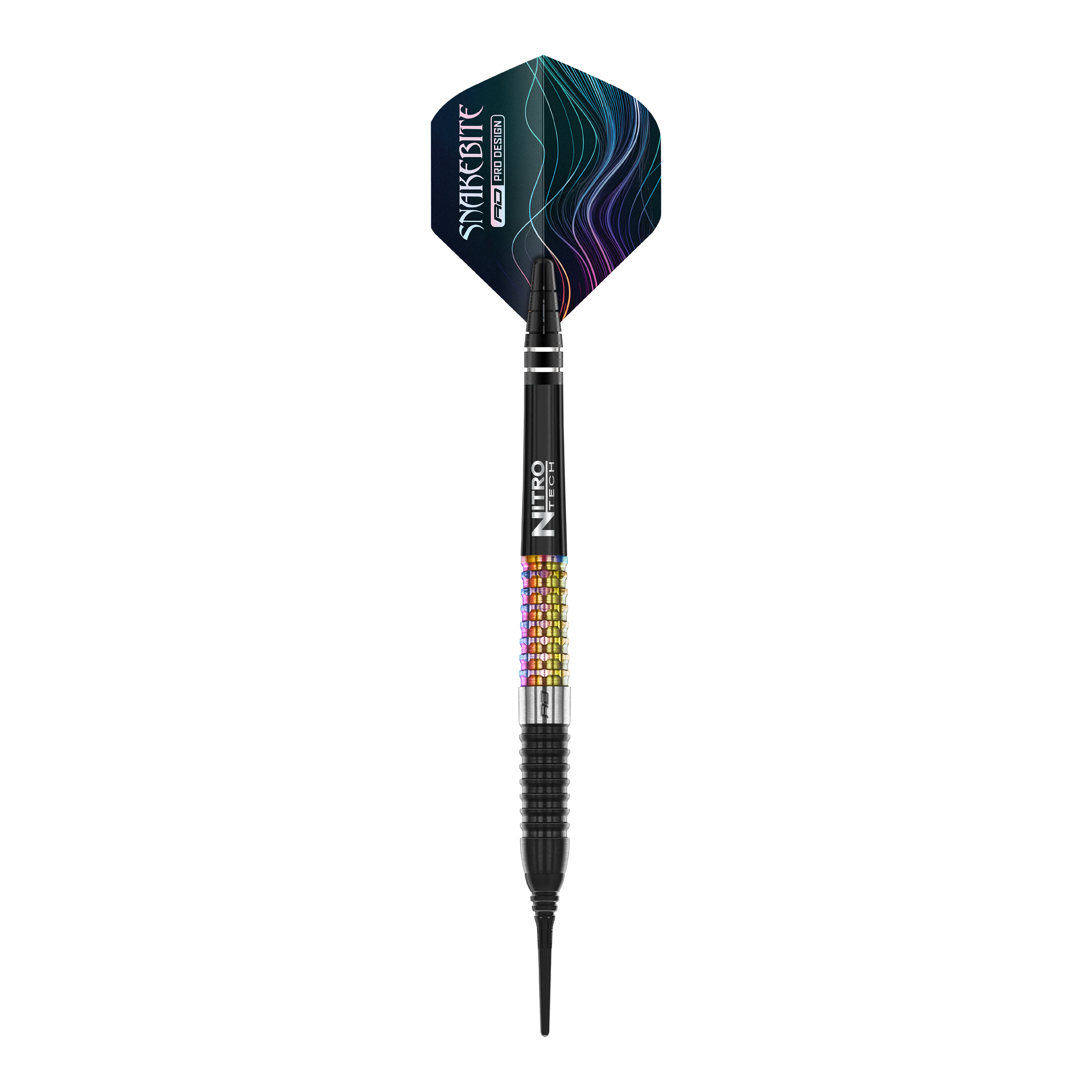 Red Dragon Peter Wright Corra Softdarts - 18g Das Bild zeigt einen Red Dragon Peter Wright Corra Softdart mit einem Gewicht von 18 Gramm. Der Dart hat bunte Griffbereiche und einen schwarz-blauen Flight mit dem Aufdruck "Snakesbite".