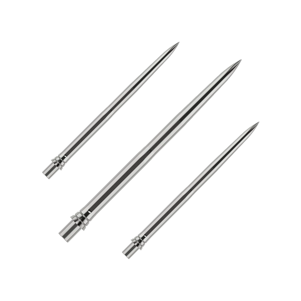 Caliburn EVO dartpunten - Glad - Zilver Auf dem Bild sind silberne Dartspitzen in einem Set zu sehen, jeweils 32mm lang. Die Oberfläche der Spitzen ist glatt und sie werden zusammen präsentiert.