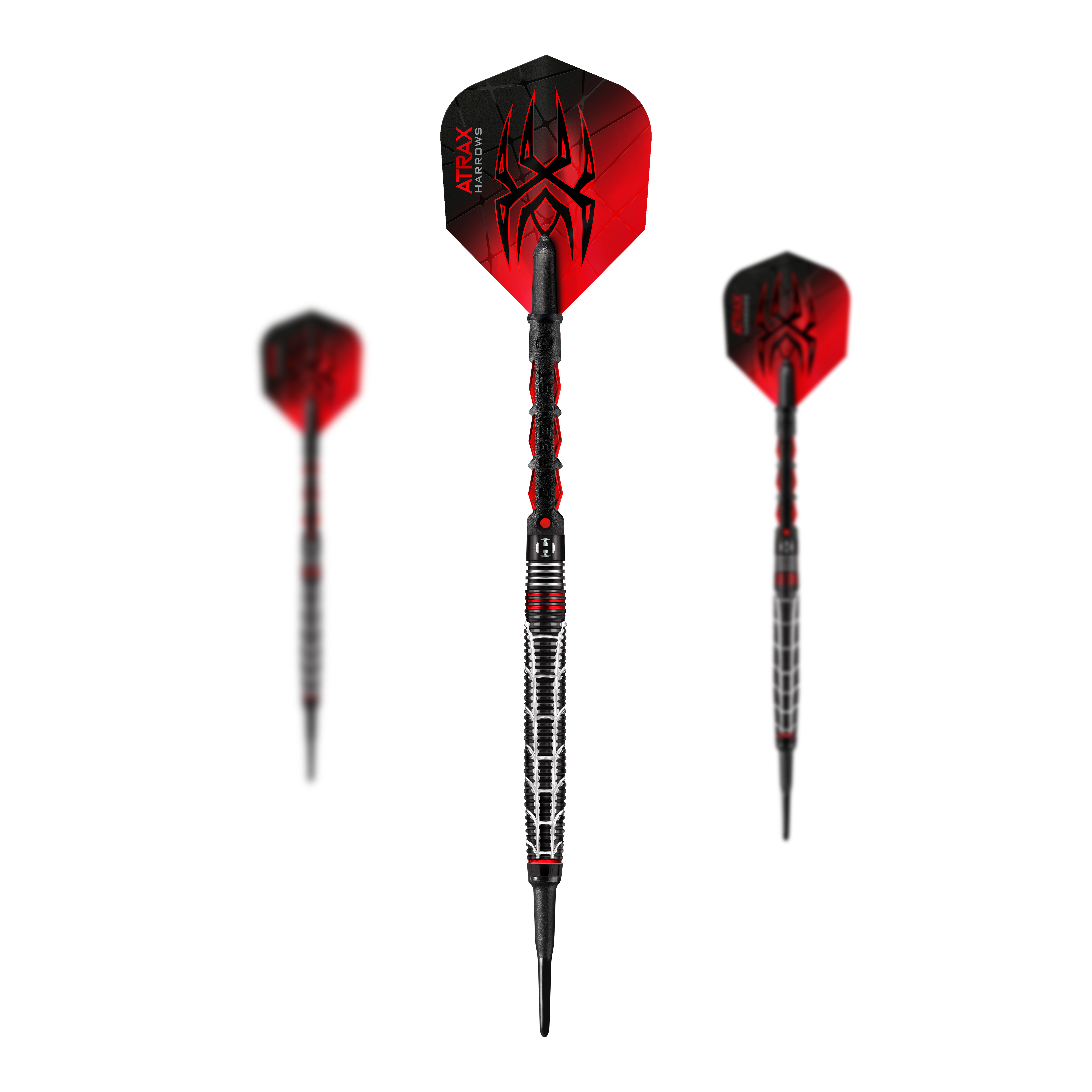 Harrows Atrax Softdarts Das Bild zeigt drei Softdarts mit schwarzem und rotem Design. Auf den Flights ist ein Spinnenmotiv sowie der Schriftzug "ATRAX HARROWS" zu sehen.