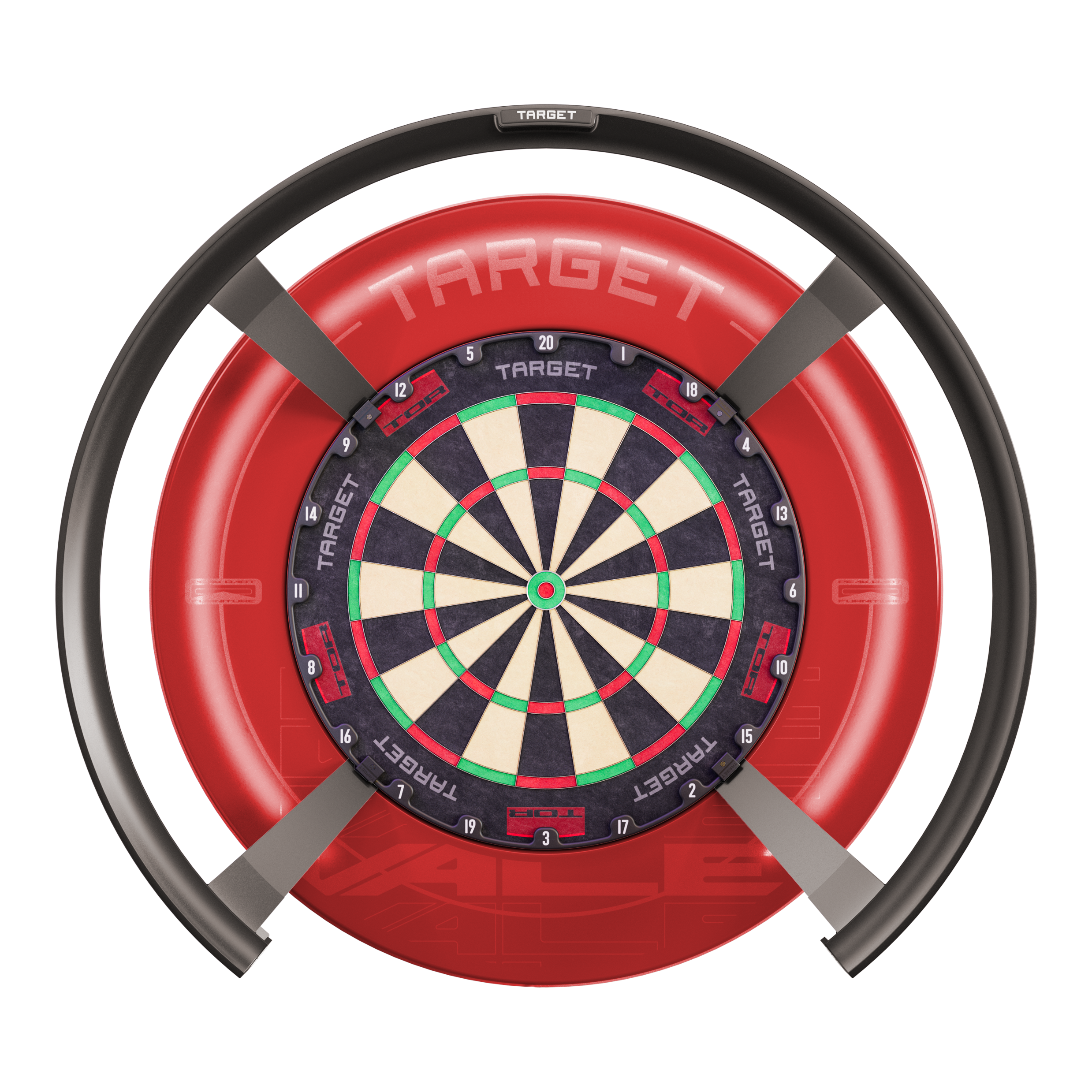 Target OMNI auto-scoring systeem Das Bild zeigt das Produkt "Target OMNI Auto-Scoring-System", ein innovatives elektronisches System für Dartspiele. Es besteht aus einem Dartboard mit einem kreisförmigen automatischen Punktesystem und einer markanten roten Umrandung.