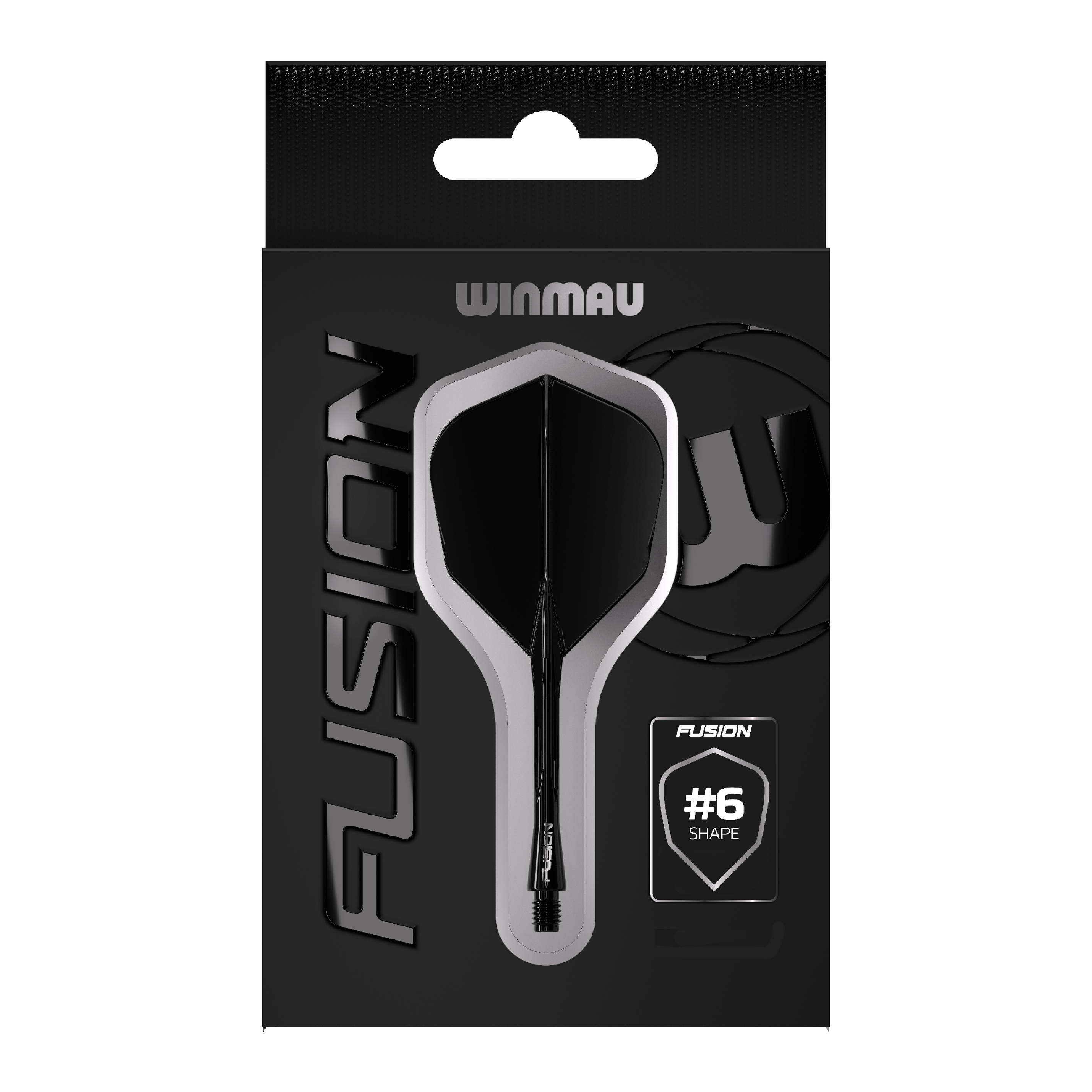 Winmau Fusion Flight Shaft System No6 Zwart Das Bild zeigt eine Verpackung des Winmau Fusion Flight Shaft Systems in Schwarz. Auf der Verpackung steht, dass es sich um die Form Nummer 6 handelt.