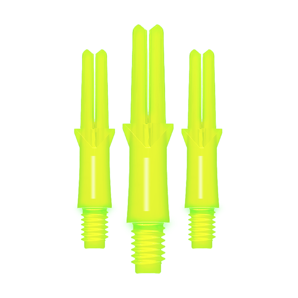 L-L-Style-Shafts Locked Straight - Neongeel Das Bild zeigt drei neon-gelbe, gerade Dart-Schäfte mit Gewinde. Sie sind unterschiedlich lang und stehen nebeneinander aufrecht.