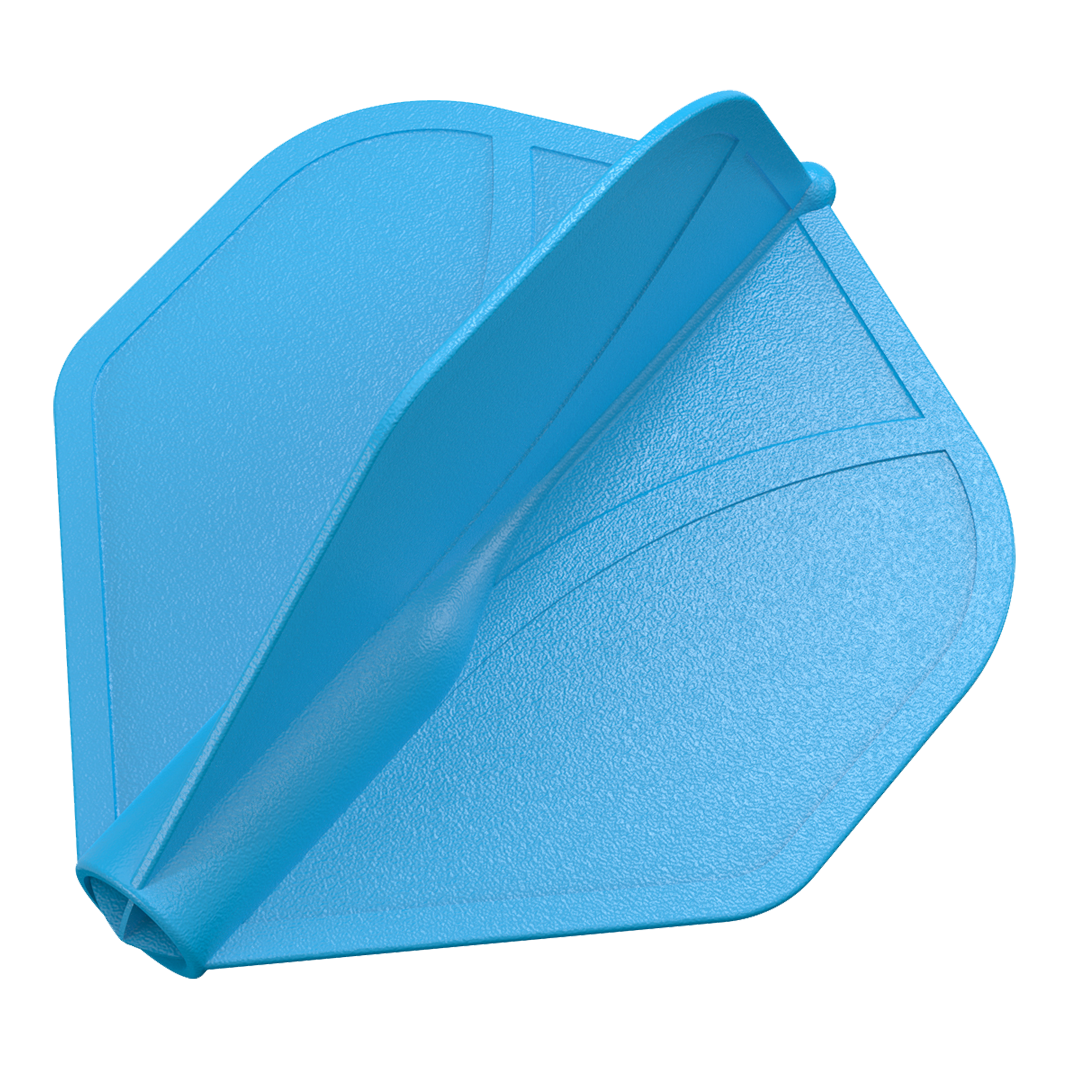 Shot Airfoil Molded No2 Standaard Vluchten Das Bild zeigt ein blaues Dartflügel-Set mit strukturierter Oberfläche. Die Flügel sind in einer aerodynamischen Form modelliert.