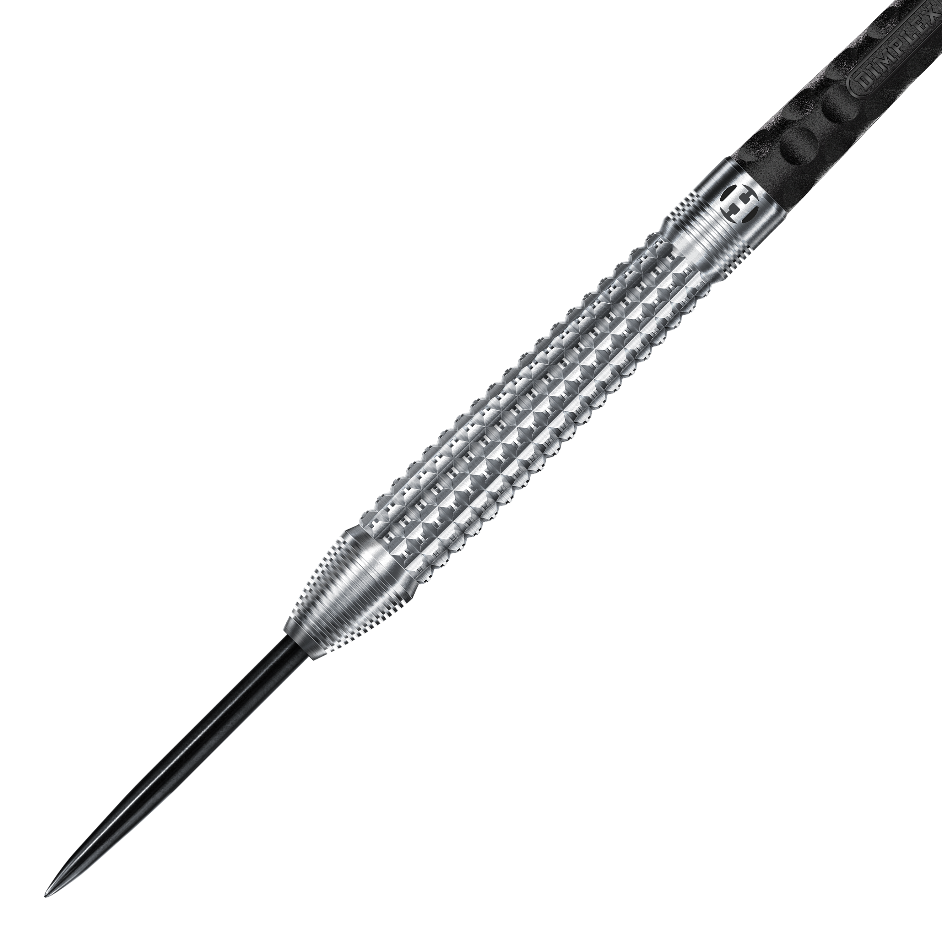 Harrows Dimplex S3 taps toelopende stalen darts Auf dem Bild ist ein Harrows Dimplex S3 Tapered Steeldart zu sehen. Der Dartpfeil hat eine silberne, strukturierte Griffzone und eine scharfe Stahlspitze.
