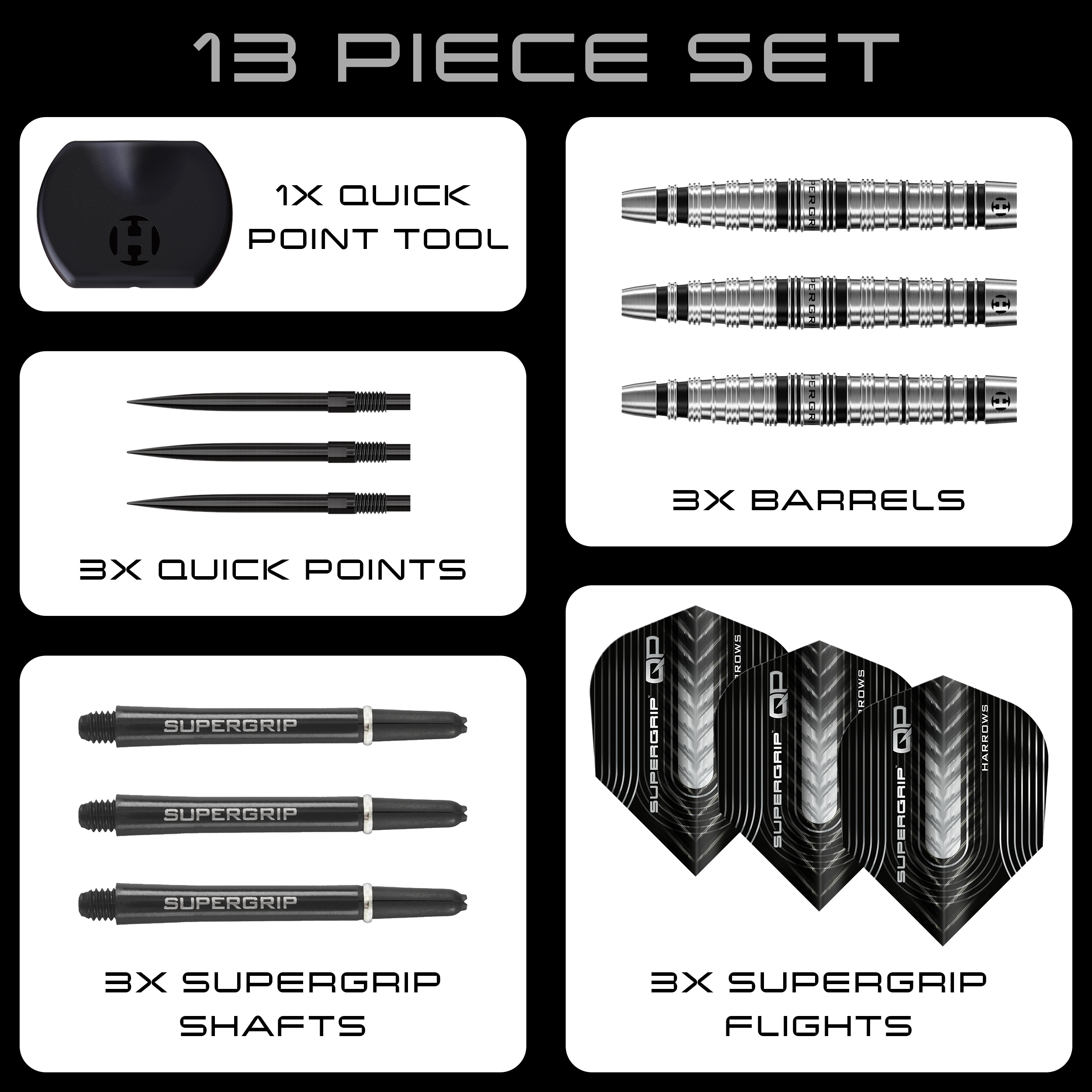 Harrows Supergrip Torpedo Quick Point stalen dartpijlen Harrows Supergrip Torpedo Quick Point Steeldarts sind auf dem Bild zu sehen. Eine Detailansicht hebt den Produktbereich hervor.