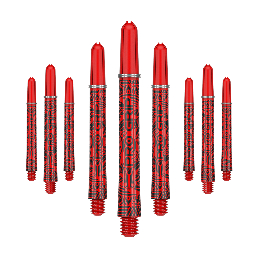 Das Bild zeigt neun rote Dartshafts mit schwarzem Muster und der Aufschrift "PRO GRIP". Sie sind in einer Reihe angeordnet, wobei drei in der Mitte größer dargestellt sind.