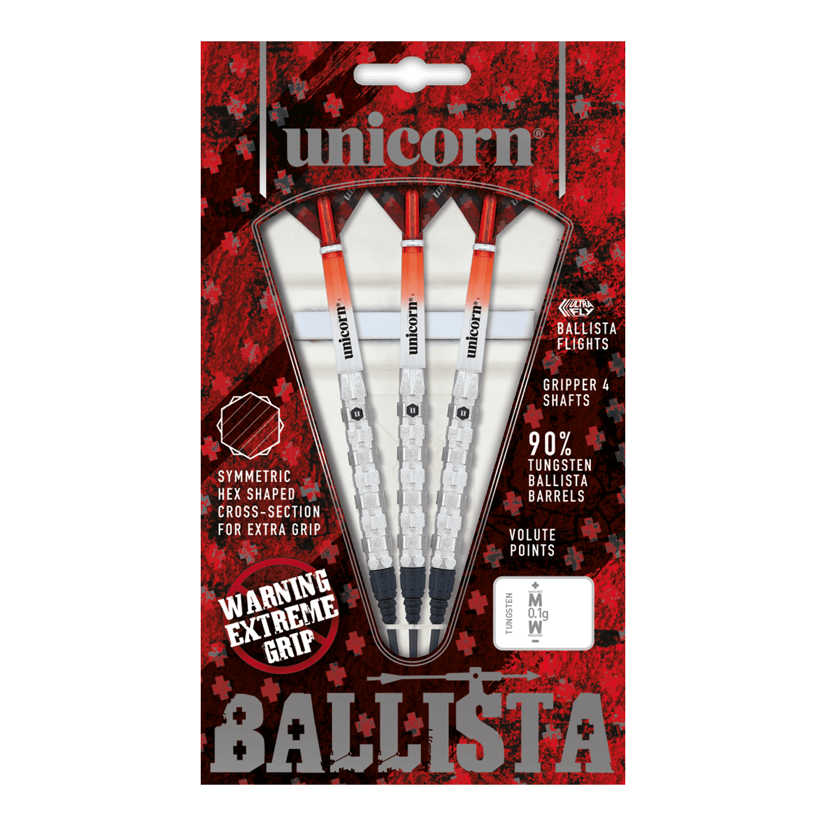 Unicorn Ballista Style 1 zachte darts Das Bild zeigt die Verpackung der "Unicorn Ballista Style 1 Softdarts". In der Packung befinden sich drei Softdarts mit weiß-roten Flights und silbernen Griffen.