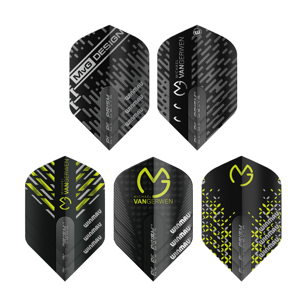 Winmau MvG Prism Vluchtpakket 2 Das Bild zeigt das Produkt "Winmau MvG Prism Flight Pack 2" mit fünf unterschiedlich gestalteten Dart-Flights. Die Designs sind überwiegend schwarz und gelb mit verschiedenen Mustern und dem Michael van Gerwen Logo.