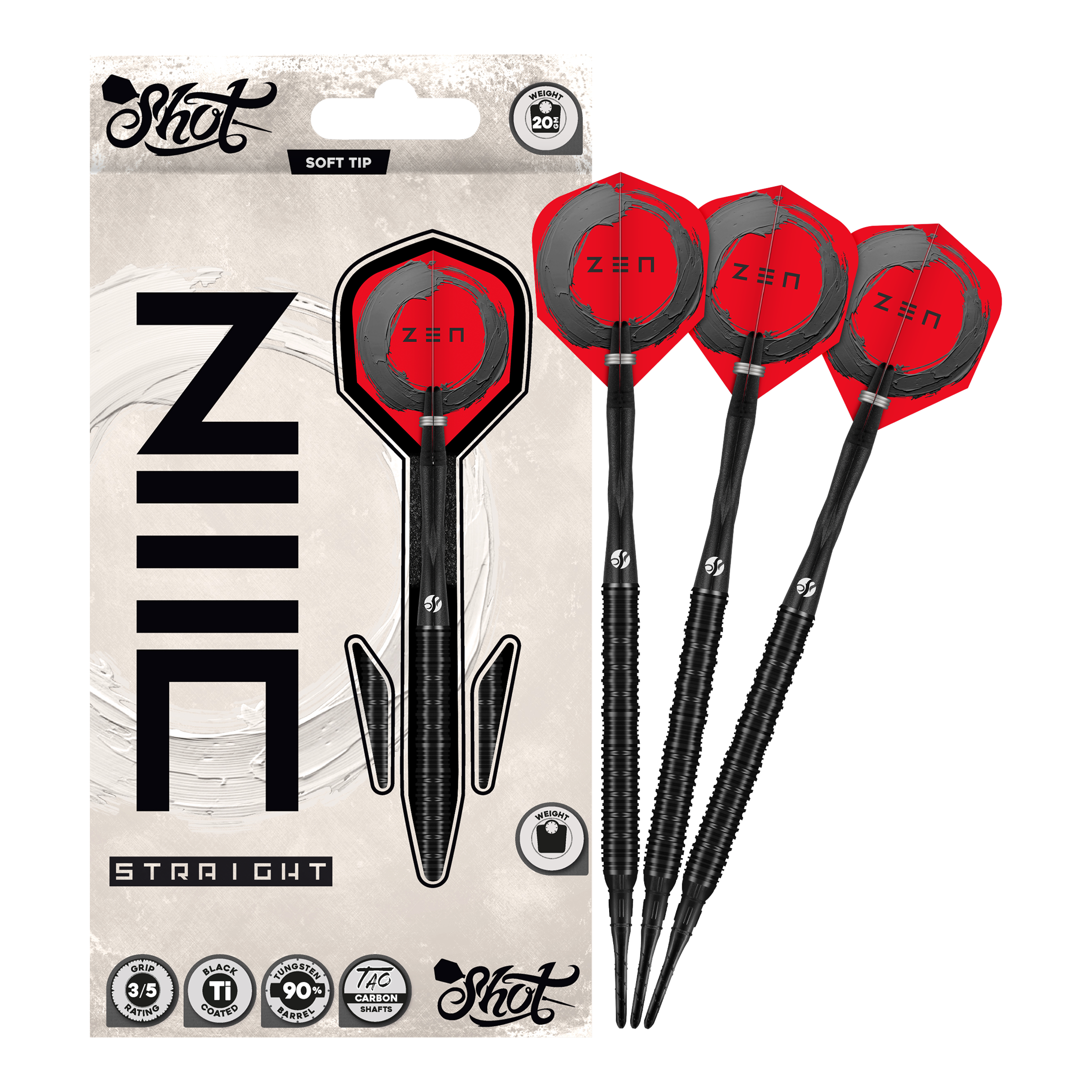 Shot ZEN Rechte Zachte Dartpijlen - 20 g Hier sieht man die Shot ZEN Straight Softdarts mit 20 Gramm Gewicht. Sie sind speziell für Softdartspieler konzipiert.
