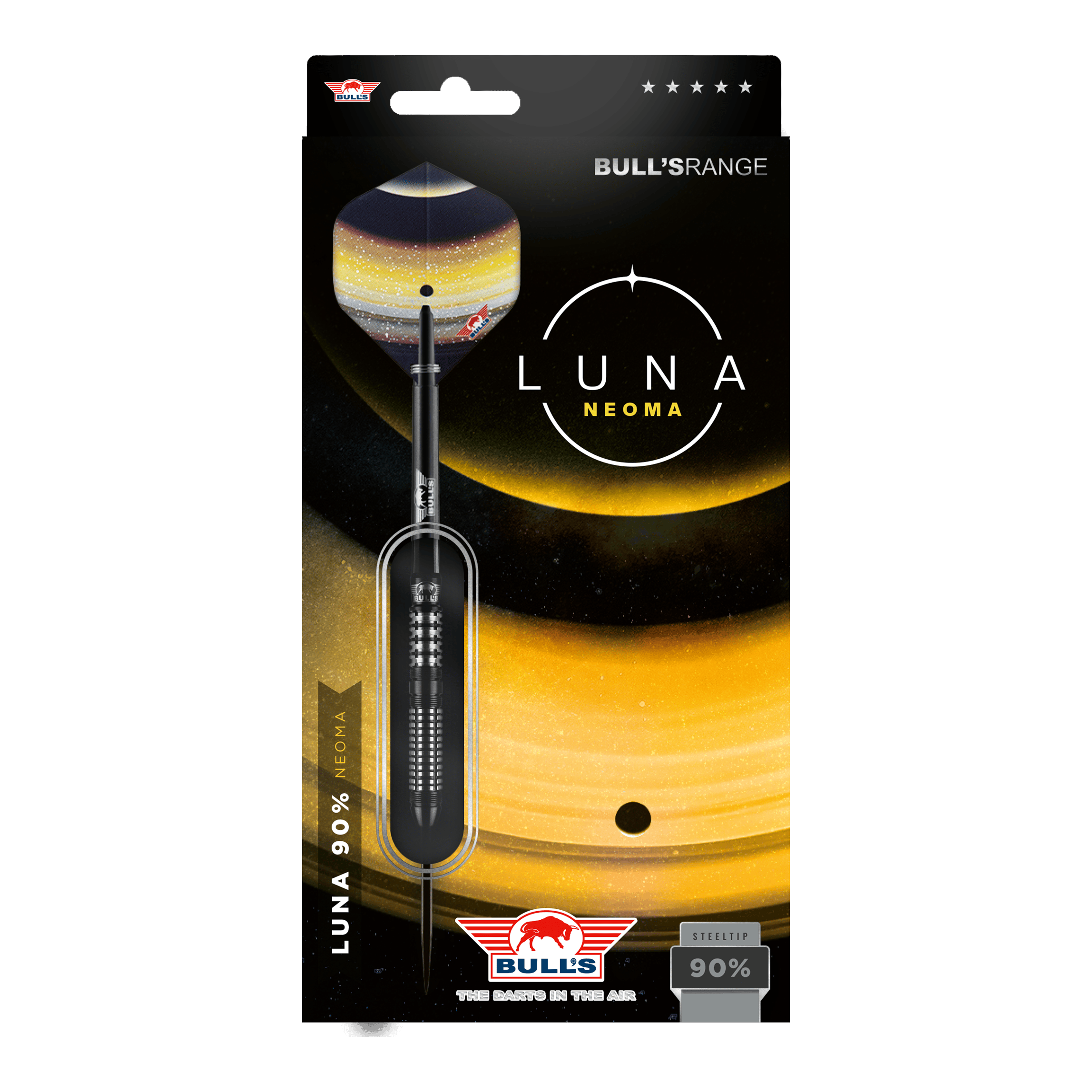 Bulls NL Luna Neoma steel darts Das Bild zeigt die Verpackung der Steeldarts "Bulls NL Luna Neoma". Die Verpackung ist in dunklen Farben mit gelben Akzenten gestaltet und hebt das Produkt sowie das Logo von Bulls hervor.