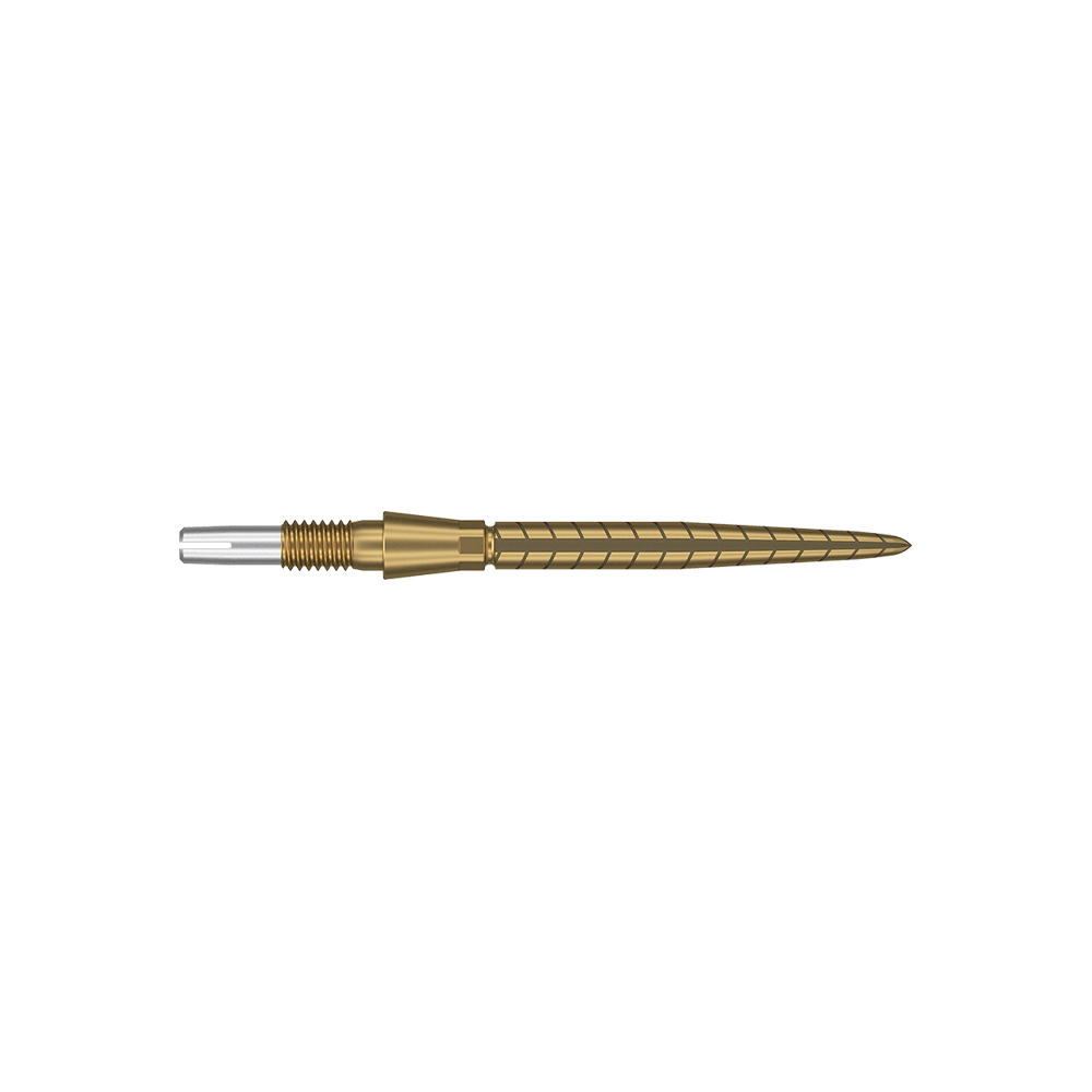 Target Swiss Storm Quartz Dartpunten - Goud Dies ist eine goldfarbene Dartspitze mit feinen Rillen und Linien. Sie hat ein schlankes, präzises Design und eine silberne Spitze am Ende.
