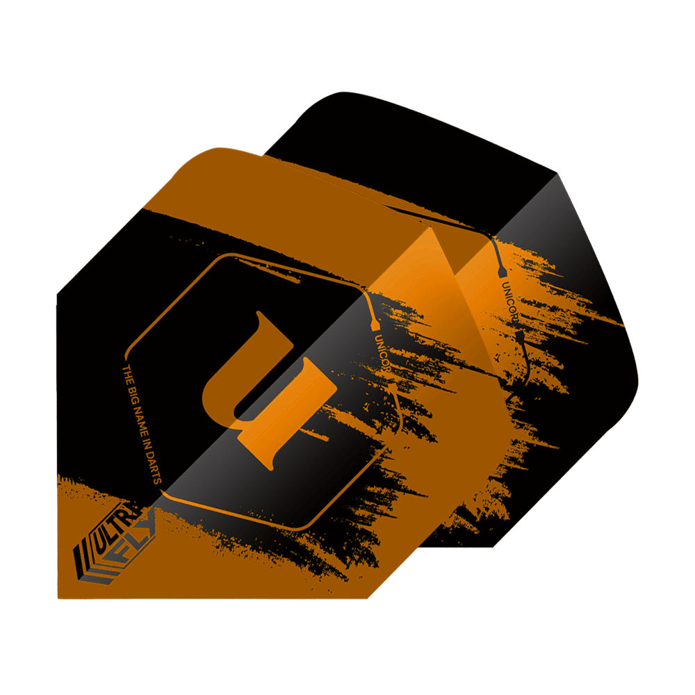 Unicorn Ultrafly 100 Team Unicorn Big Wing Vluchten - Oranje Das Bild zeigt die "Unicorn Ultrafly 100 Team Unicorn Big Wing Flights" in Orange. Die Flights haben ein auffälliges schwarzes und orangefarbenes Design mit dem Buchstaben "u" in der Mitte.