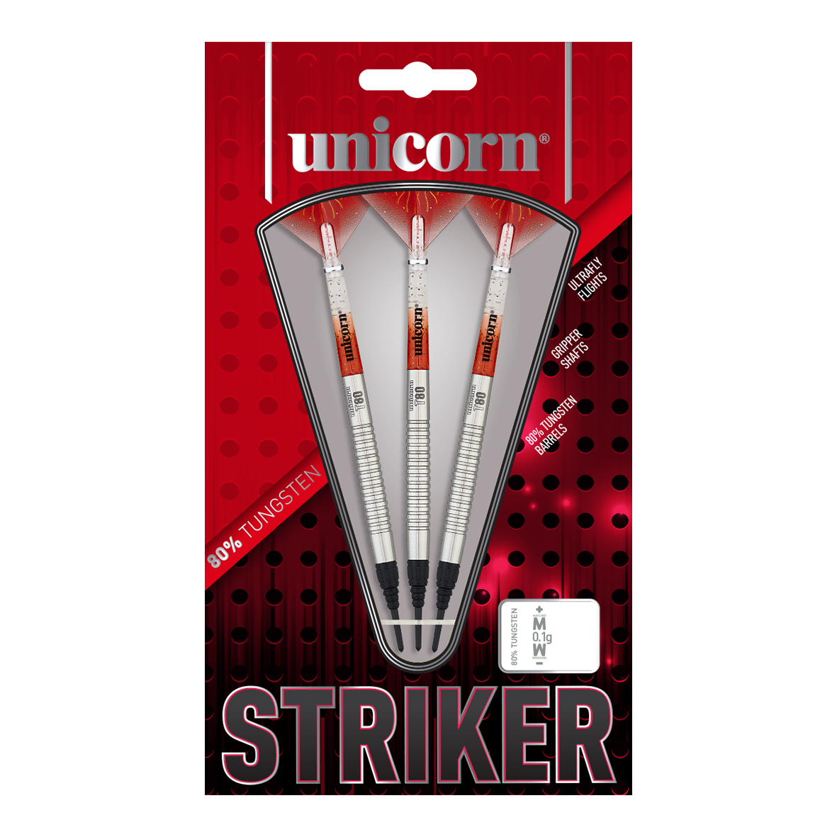 Unicorn Core XL Striker Style 1 zachte darts - 19g Das Bild zeigt eine Packung der "Unicorn Core XL Striker Style 1 Softdarts - 19g". In der Verpackung befinden sich drei silberfarbene Softdarts mit roten und weißen Details.