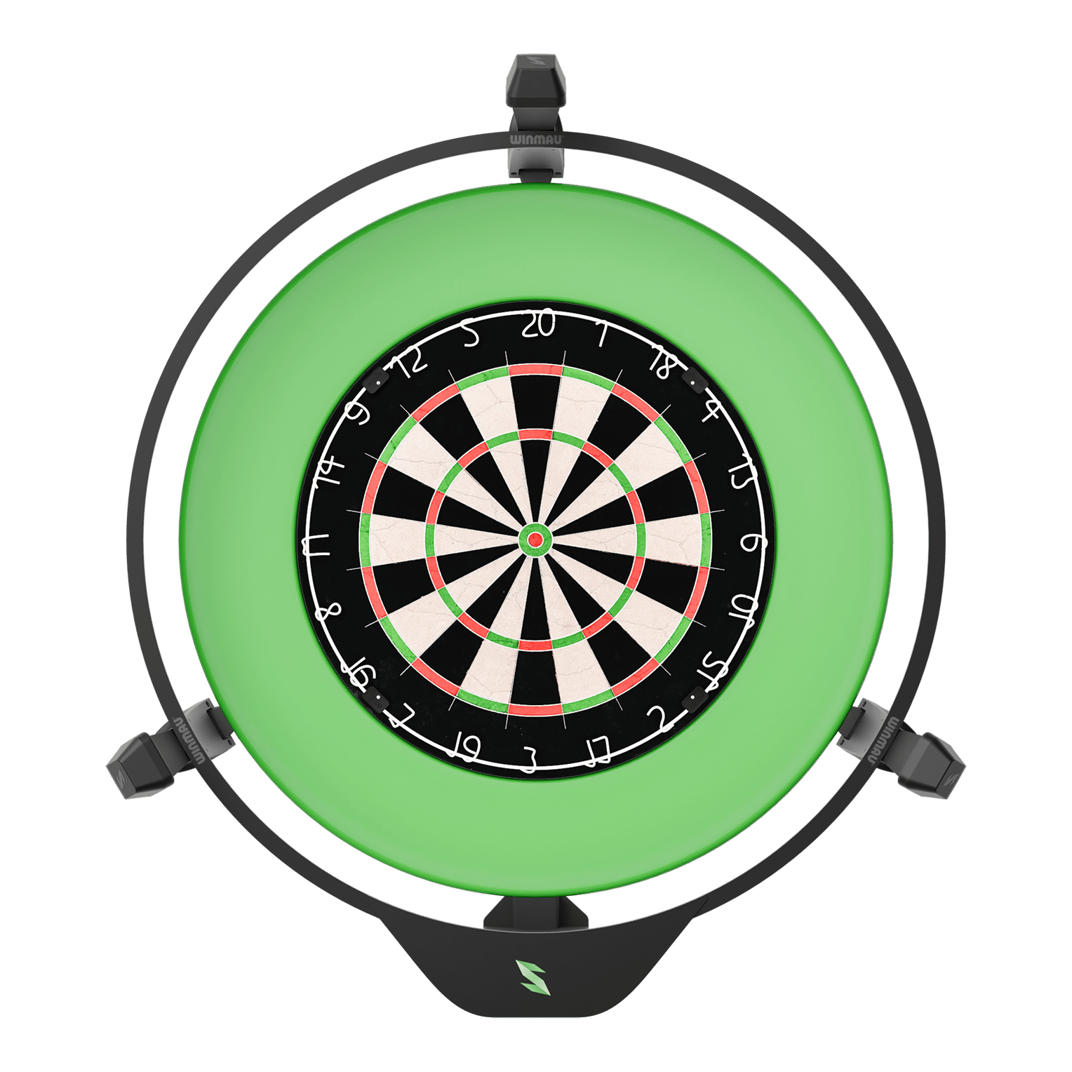 Scolia Home 2 Elektronisch Autoscoring Systeem 2026 Das Bild zeigt ein elektronisches Punktesystem für Darts, das Scolia Home 2. Es besteht aus einem Dartboard mit einem leuchtenden grünen Ring rundherum.