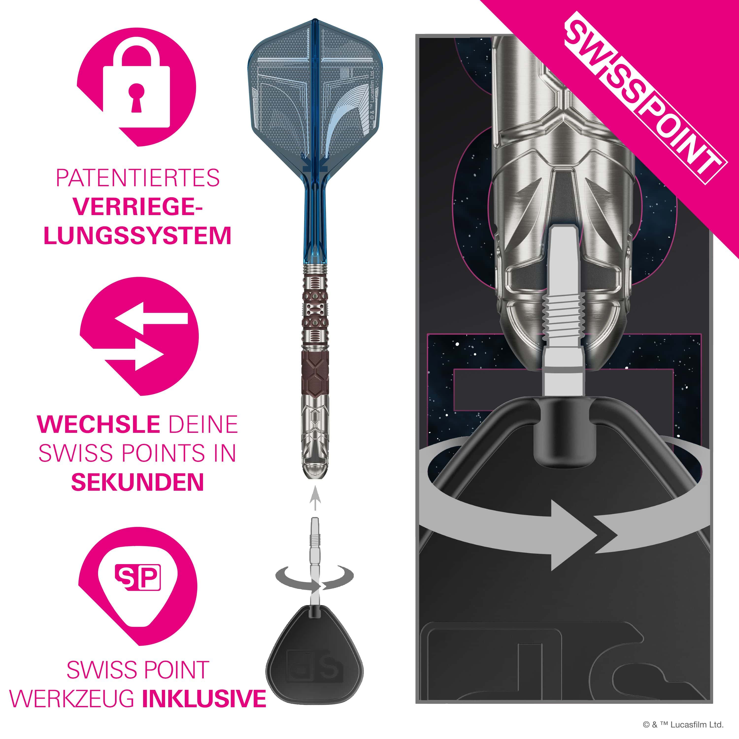 Target Star Wars Mandalorian 95 Swiss Point stalen dartpijlen Das Bild zeigt die Target Star Wars Mandalorian 95 Swiss Point Steeldarts. Es handelt sich um hochwertige Steeldarts mit einem Mandalorian-Design.