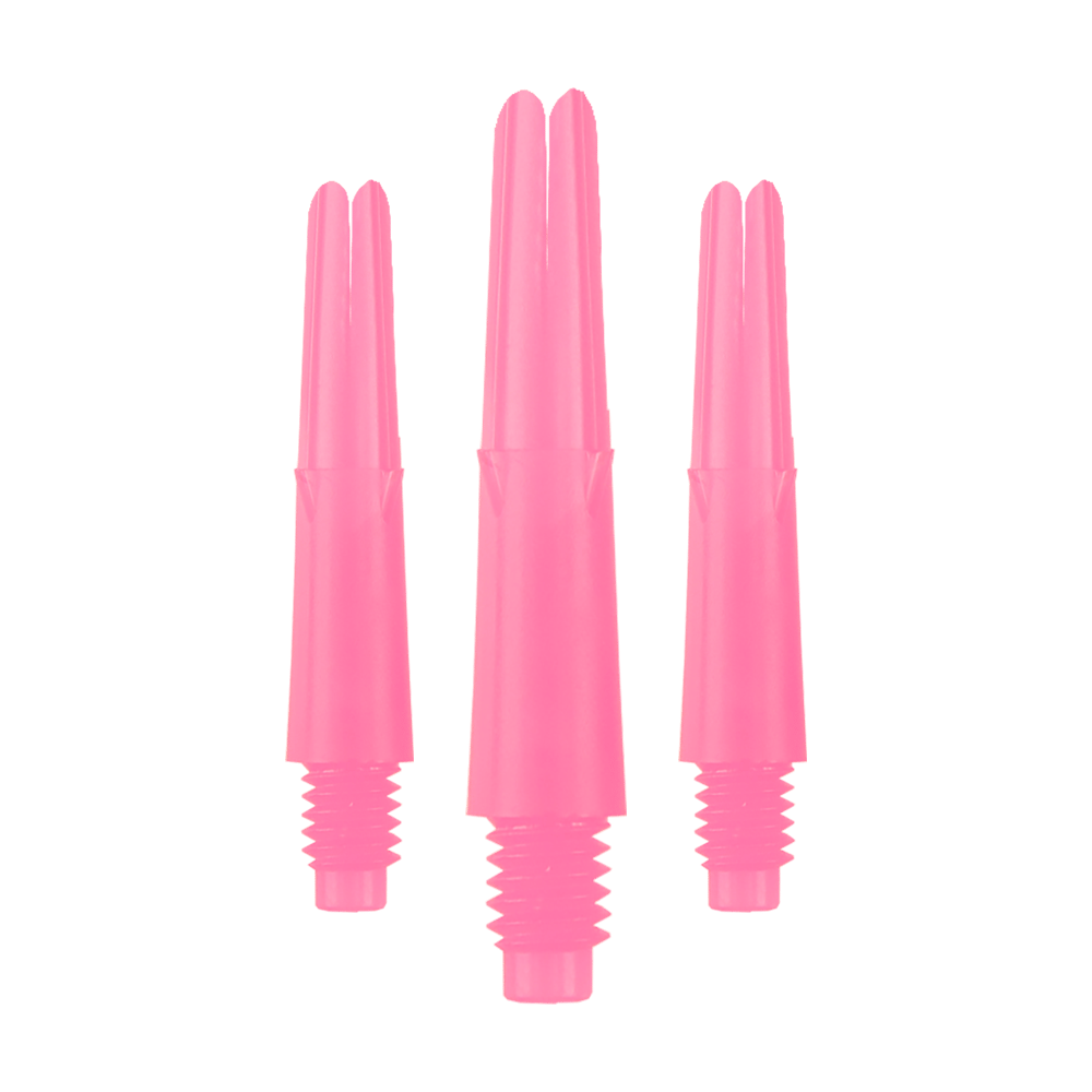 Das Bild zeigt drei pinke Dartschäfte aus Kunststoff. Sie stehen aufrecht und haben unten ein Schraubgewinde.