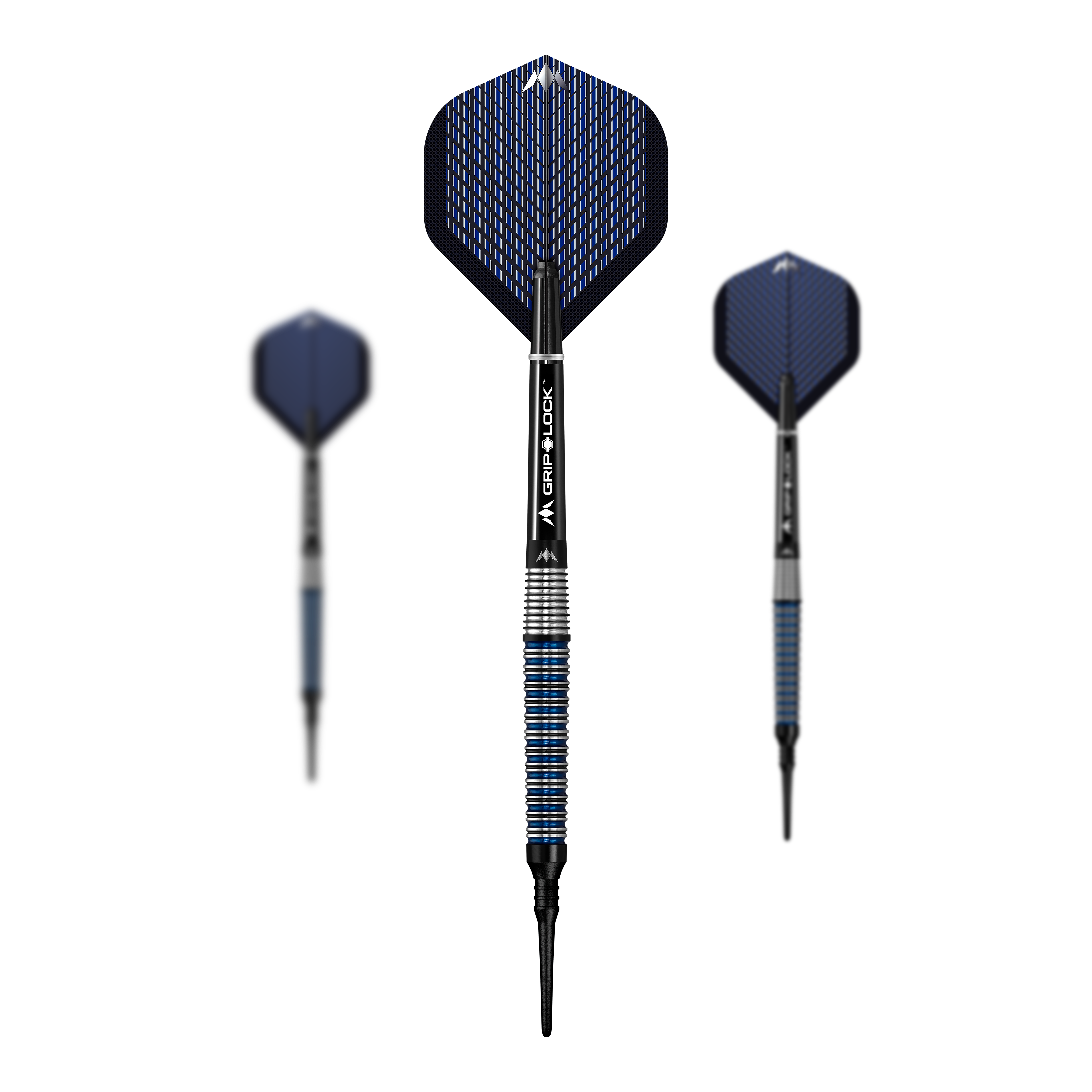Mission Nightfall Model 2 Zachte Darts - 19g Das Bild zeigt drei Softdarts des Modells "Mission Nightfall Model 3" mit einem Gewicht von 20g. Die Darts haben blaue Flights und einen silber-blauen Schaft mit gezacktem Griff.