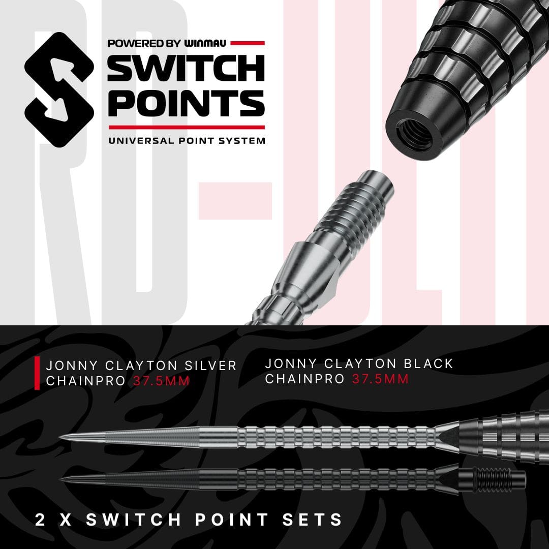 Die Abbildung zeigt die Red Dragon Jonny Clayton RD-ULTRA Switch Point Steeldarts mit 22 Gramm. Die Darts liegen nebeneinander und sind gut sichtbar.