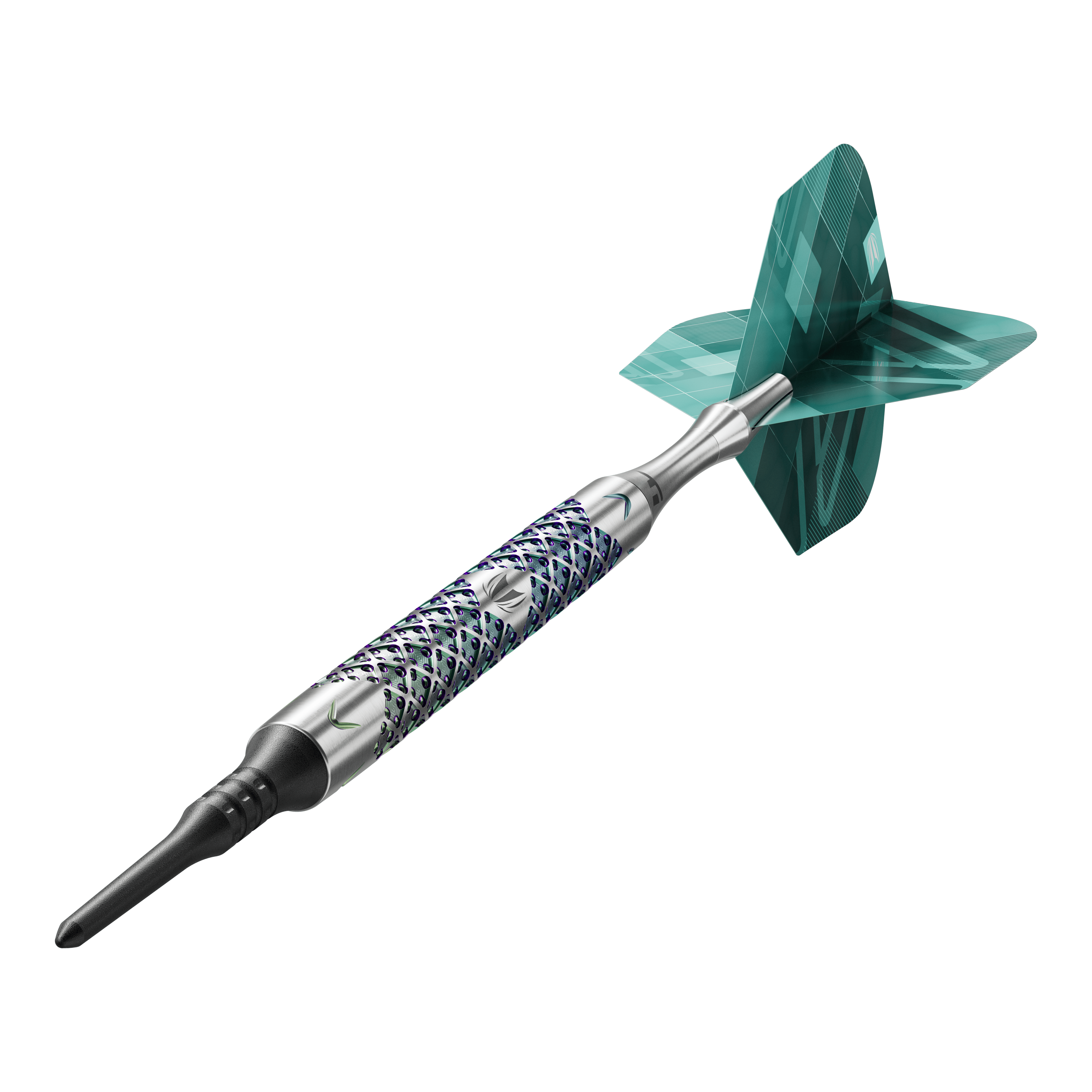 Target Rove 10 zachte darts Das Bild zeigt einen einzelnen Target Rove 10 Softdart. Der Dart hat ein silbernes, gemustertes Barrel und grüne Flights.