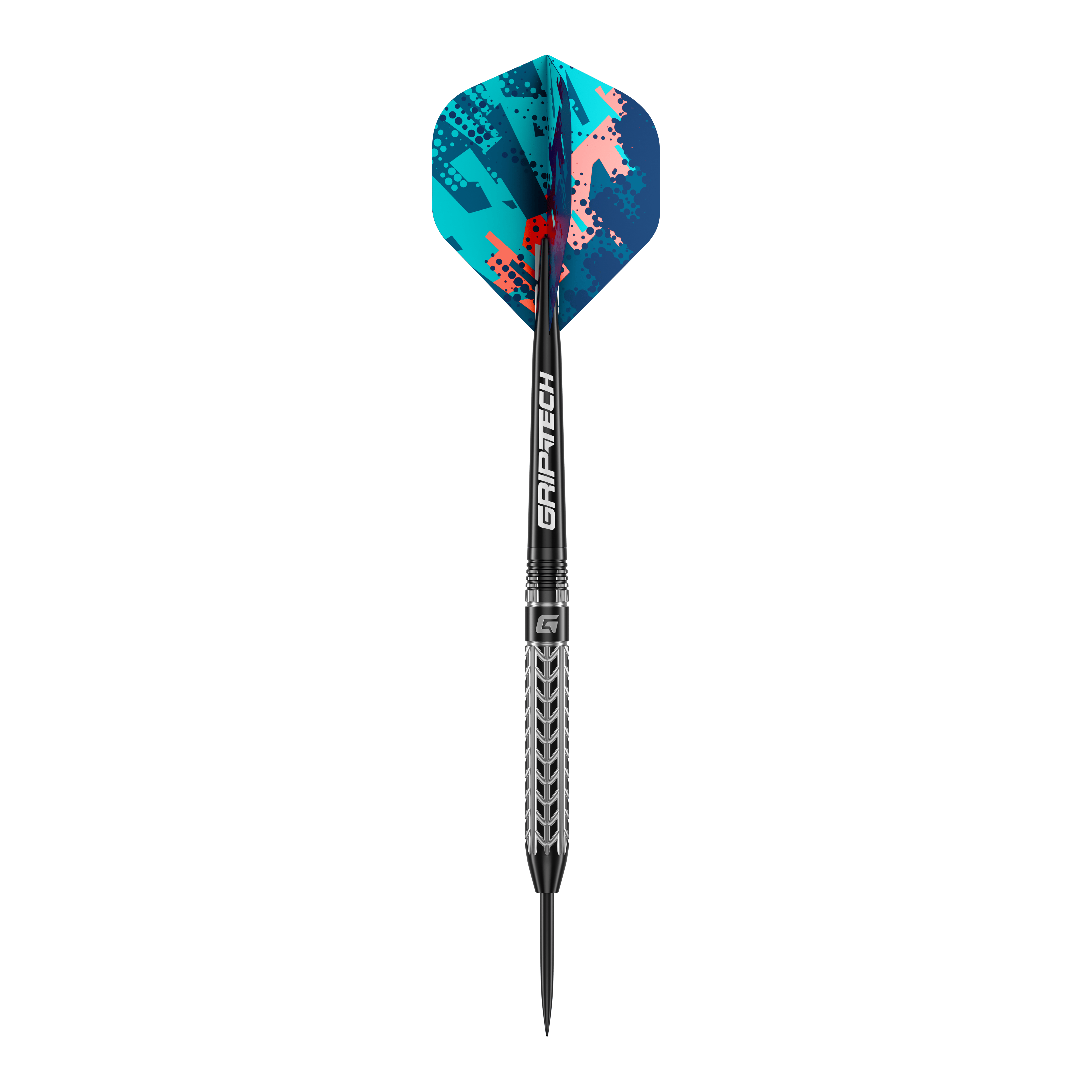 GOAT Traction Tungsten Steel Darts Das Bild zeigt einen GOAT Traction Tungsten Steeldart mit einem auffälligen, bunten Flight-Design. Der Dartpfeil hat einen silbernen Schaft mit feinen Gravuren und die Aufschrift "GRIPTECH".