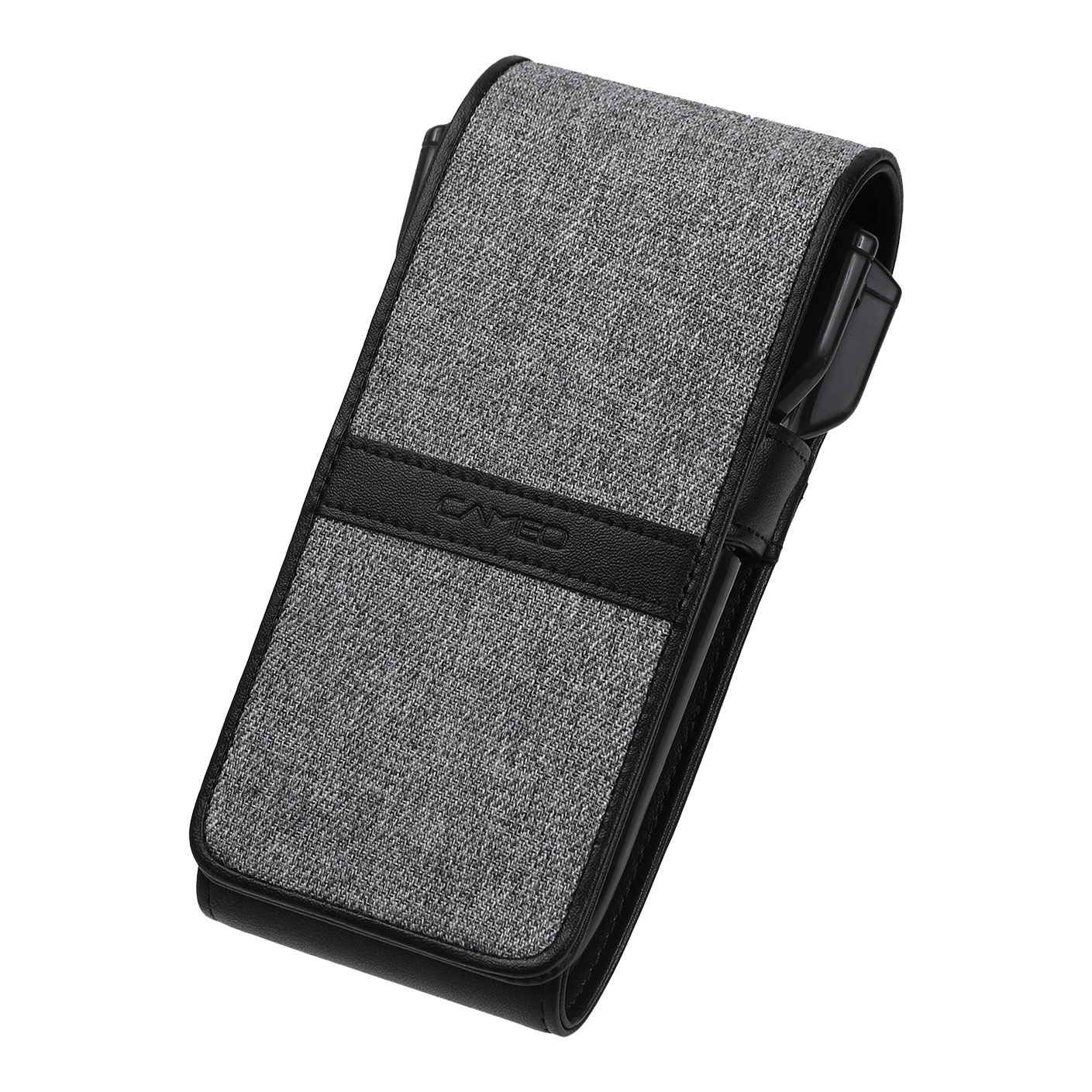 Cameo Thread Dart-hoesje Das Bild zeigt ein elegantes Dartetui in Grau mit schwarzen Akzenten. Das Etui hat eine strukturierte Oberfläche und trägt den Schriftzug "CAMEO" auf der Vorderseite.