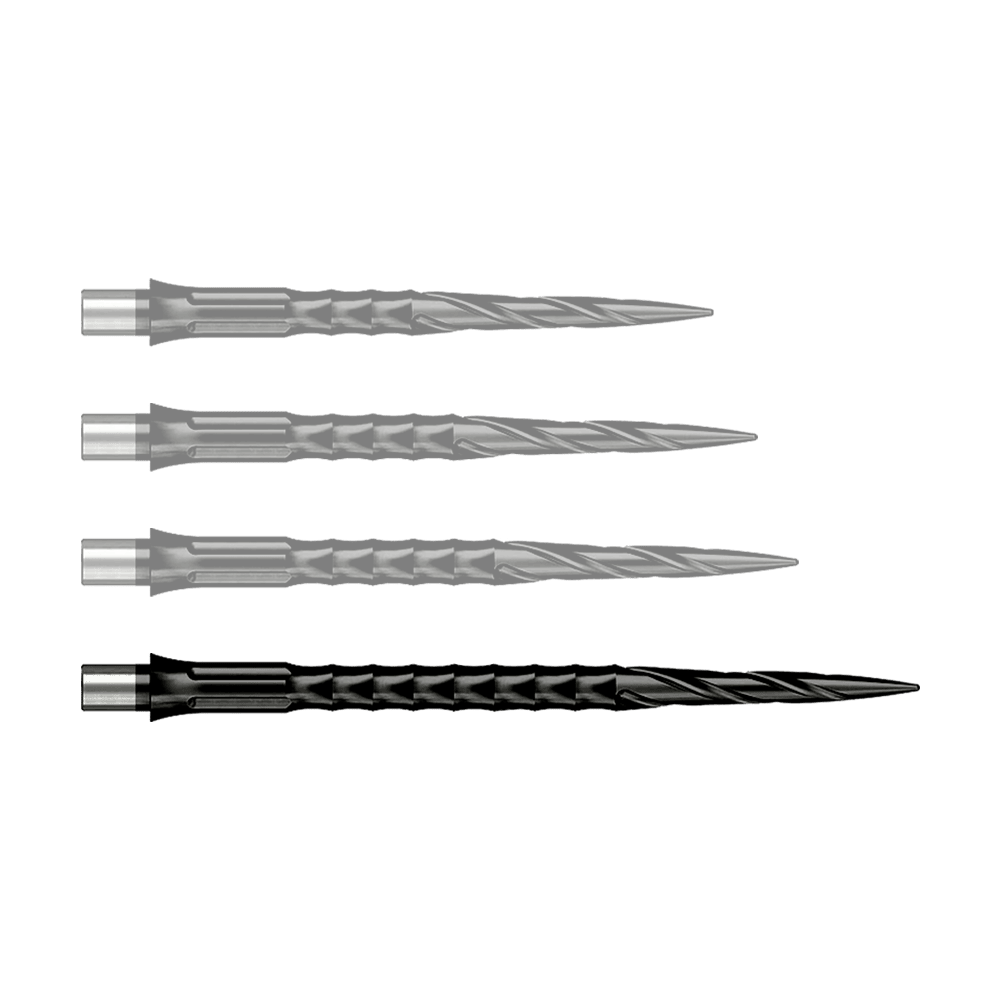 Caliburn System stalen dartpunten - Spiro - Geen lip - Zwart Zu sehen ist ein Produkt mit dem Dateinamen EVO033_Caliburn_Evo_System_Steeldartspitzen_Spiro_NoLip_Black_40mm_1. Wahrscheinlich handelt es sich um eine einzelne schwarze Steeldartspitze.