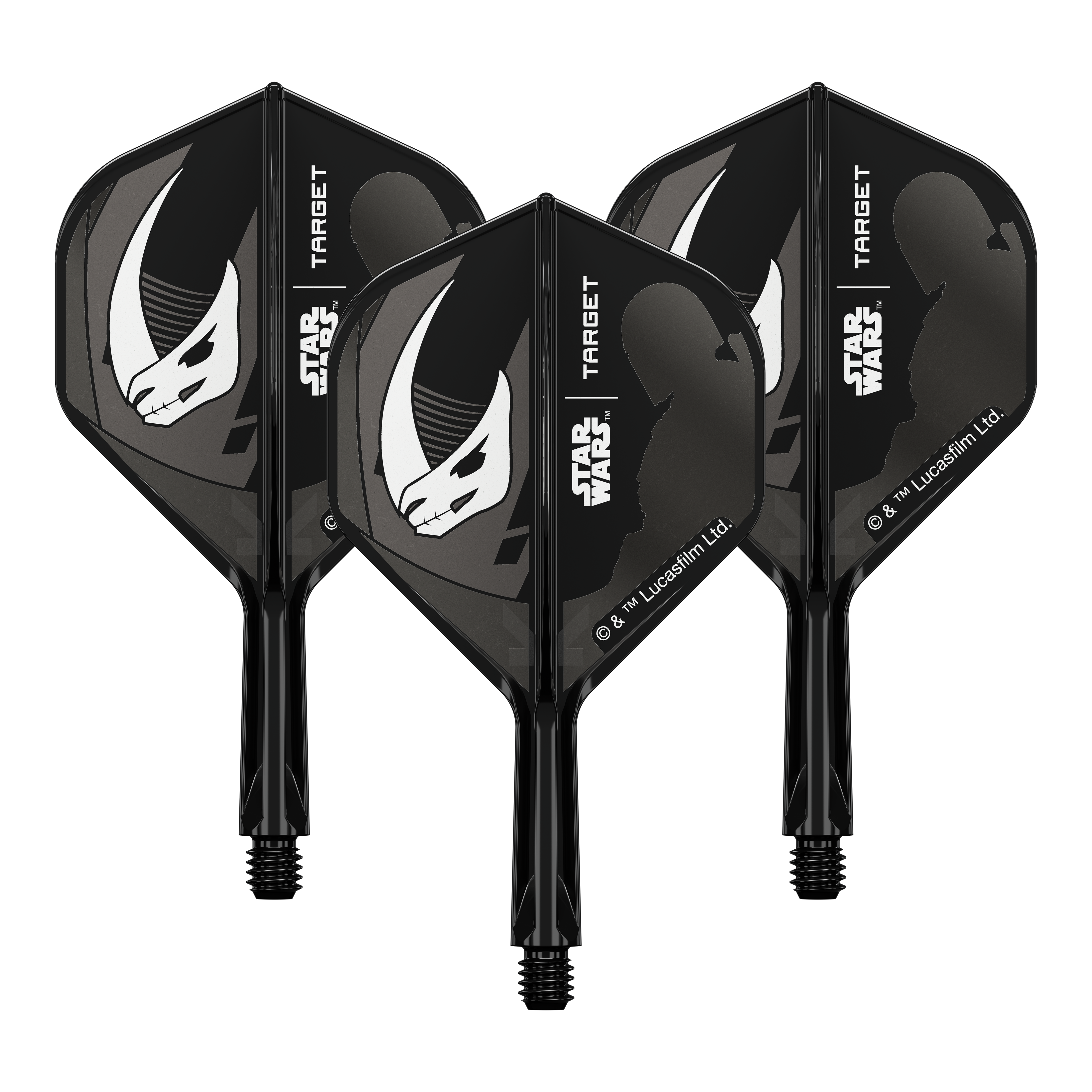 Target Star Wars K-Flex Set Mandalorian No2 Standaard Flights Auf dem Bild ist ein Dart-Flight mit Mandalorianer-Rüstungsmotiv abgebildet. Es handelt sich um das Produkt 'K-Flex Mandalorian Armour No2 Standard Flights' in 19mm.