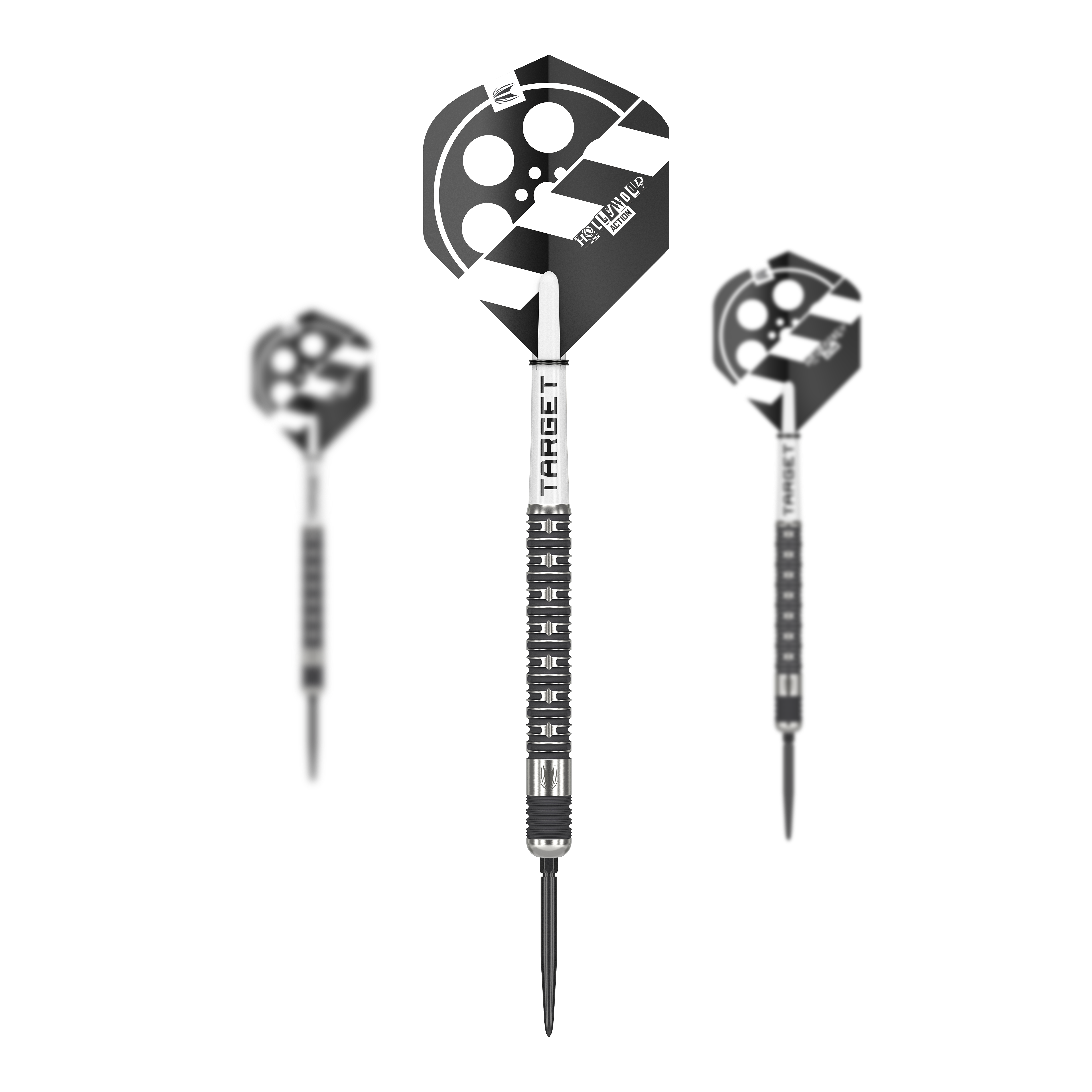 Targetwit Chris Dobey Hollywood Action Swiss Point Steeldarts Das Bild zeigt drei Steeldarts des Modells „Target Chris Dobey Hollywood Action Swiss Point“. Die Flights der Darts sind schwarz-weiß gestaltet und mit einem Filmklappen-Motiv bedruckt.