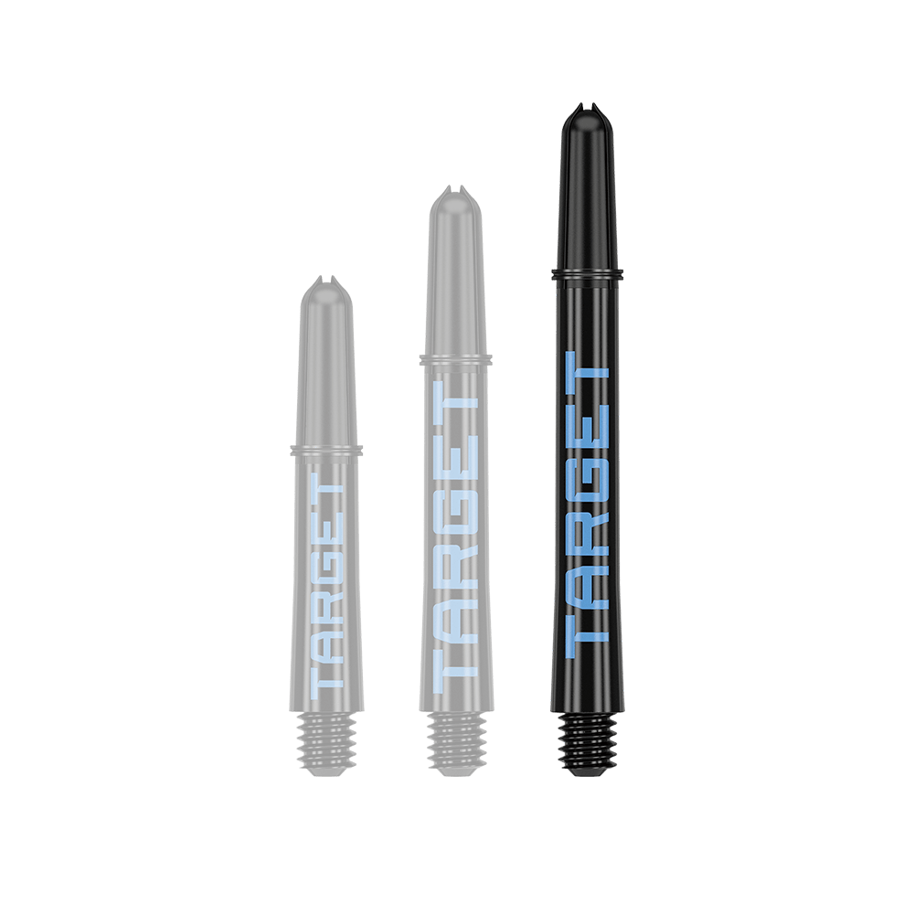 Target Pro Grip TAG Shafts - 3 sets - Zwartblauw Auf dem Bild sind drei schwarze Dart-Schäfte in verschiedenen Längen zu sehen. Auf jedem Schaft steht das Wort "TARGET" in blauer Schrift.
