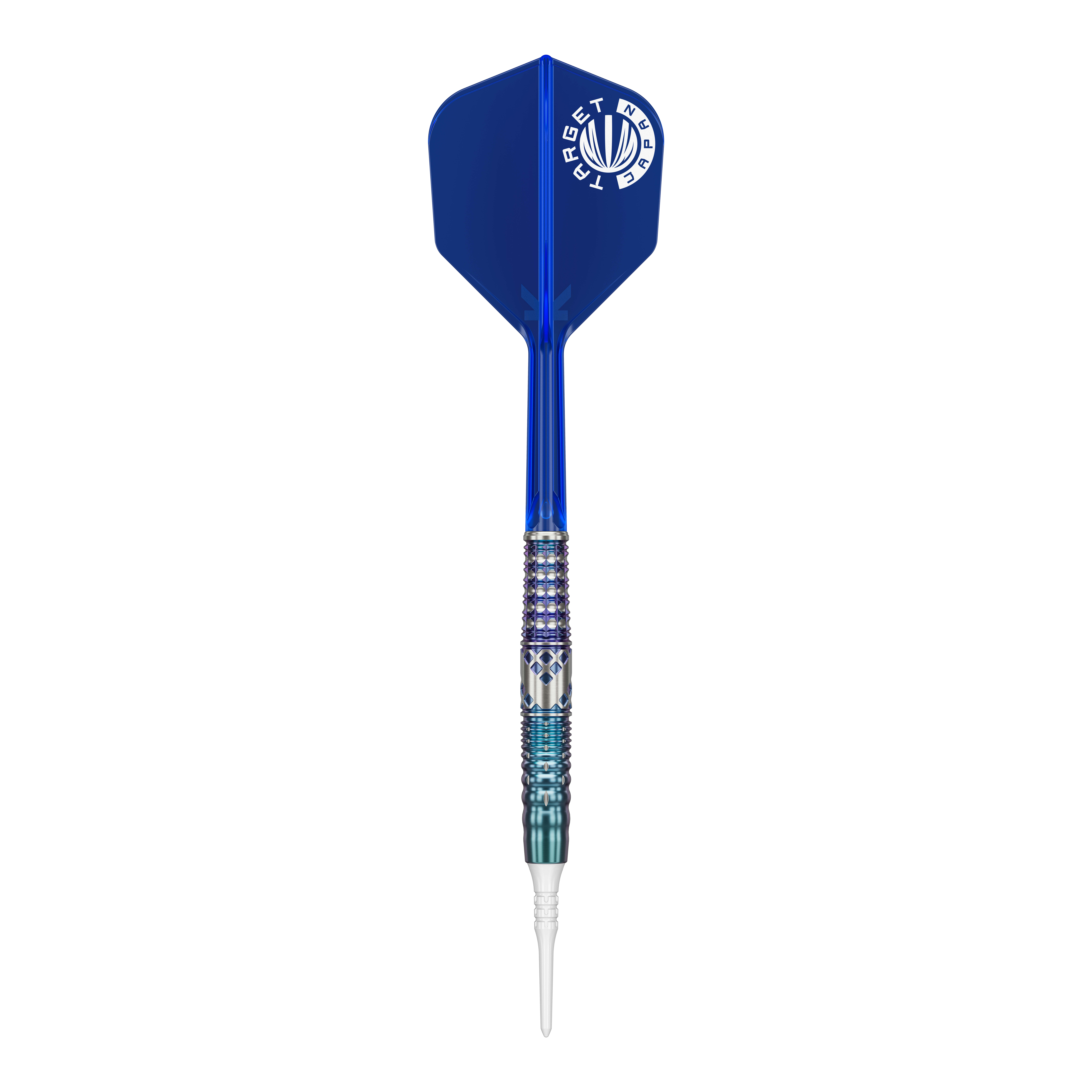 Target Japan Cathy Leung Charis GEN5 Soft Darts - 19g Das Bild zeigt einen Softdart mit einem blauen Flight und silber-blau gemustertem Griff. Es handelt sich um das Produkt "Target Japan Cathy Leung Charis GEN5 Softdarts - 19g".
