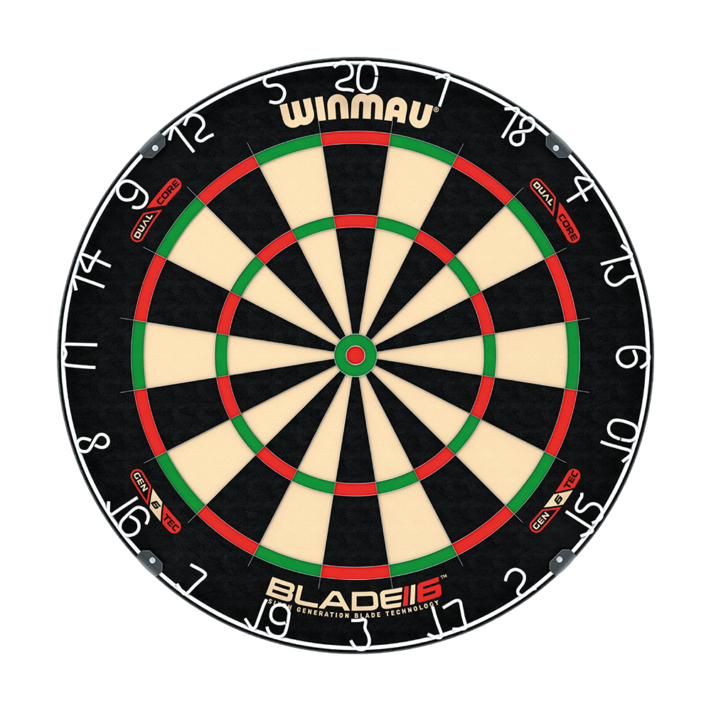 3031_Winmau_Blade_6_DualCore_Steeldartboard_1 Winmau Blade 6 Dualcore Steeldartboard wird frontal dargestellt. Die Zonen und Zahlen sind auffällig.