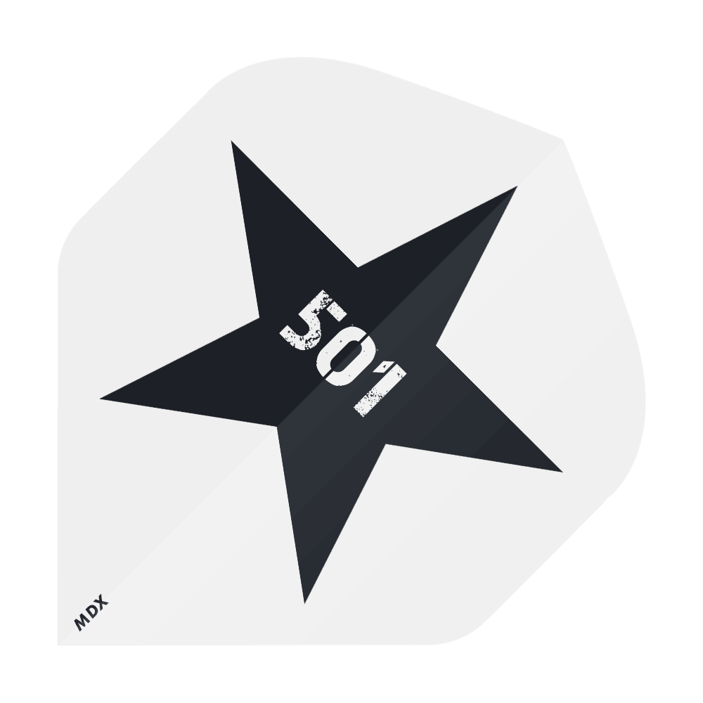 MD-401-Log_2-Seitig_Bedruckte_Flights_Logo_MDX_3 Das Bild zeigt einen schwarzen Stern auf grauem Hintergrund. In der Mitte des Sterns steht die Zahl "501" in weißer, abgenutzter Schrift, und unten links ist klein "MDX" geschrieben.