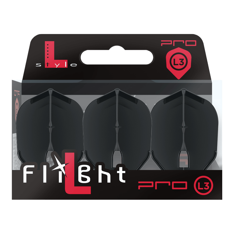 L-Style Champagne L3PRO Shape Flights Auf dem Bild ist eine Verpackung mit drei schwarzen Dart-Flights der Marke L-Style zu sehen. Die Packung trägt die Bezeichnung „L3 PRO“ und ist modern gestaltet.