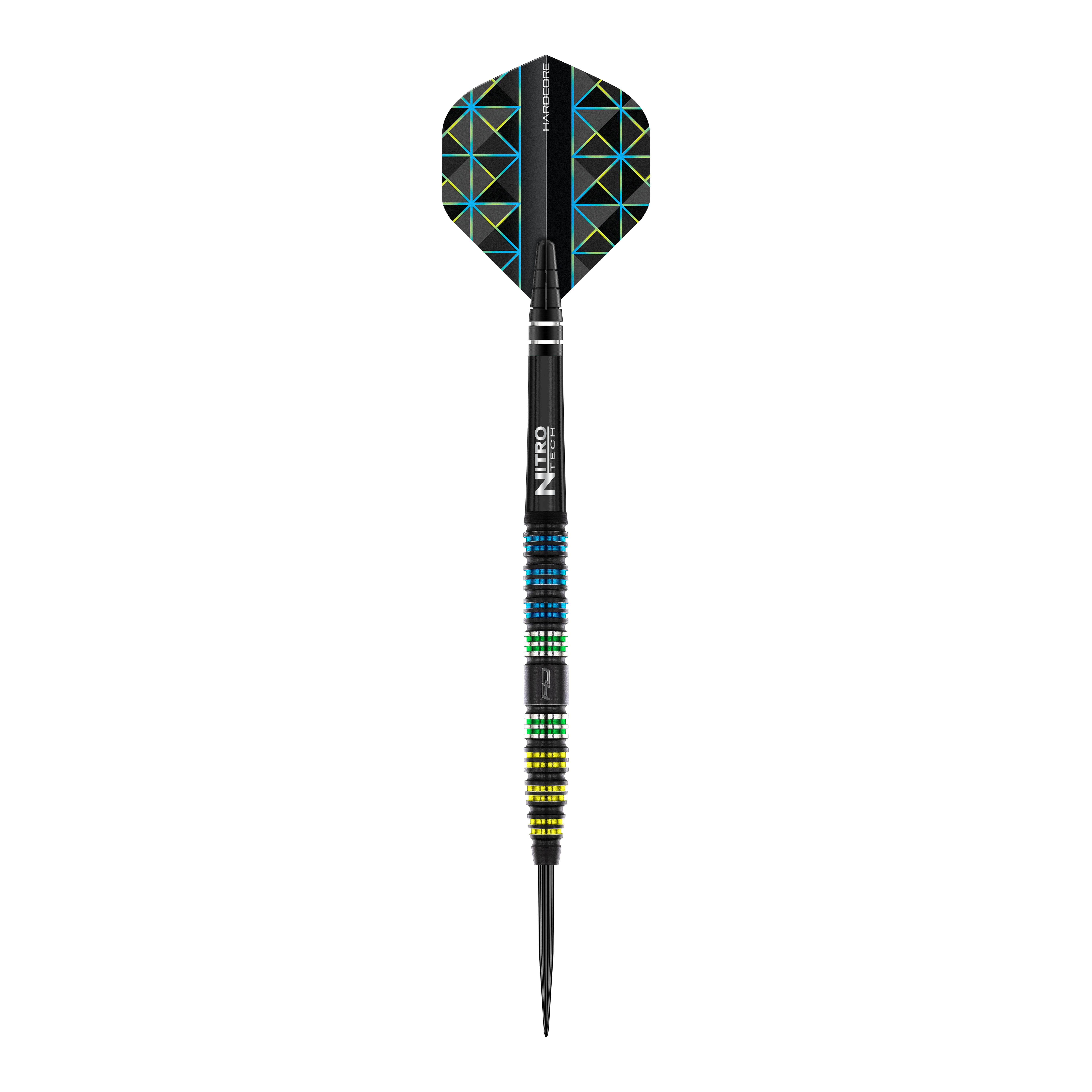 Red Dragon Dragonfly 95 Zwarte Taps Toelopende Stalen Darts Das Bild zeigt einen Red Dragon Dragonfly 95 Black Tapered Steeldart. Der Dart hat ein schwarzes Design mit farbigen Ringen und geometrischen Mustern auf den Flights.
