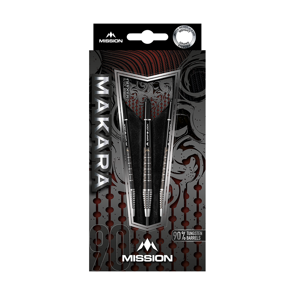 Mission Makara M2 stalen darts - 23g Das Bild zeigt die Verpackung der Mission Makara M2 Steeldarts mit einem Gewicht von 23 Gramm. Die Darts bestehen zu 90 % aus Tungsten und sind ansprechend gestaltet.