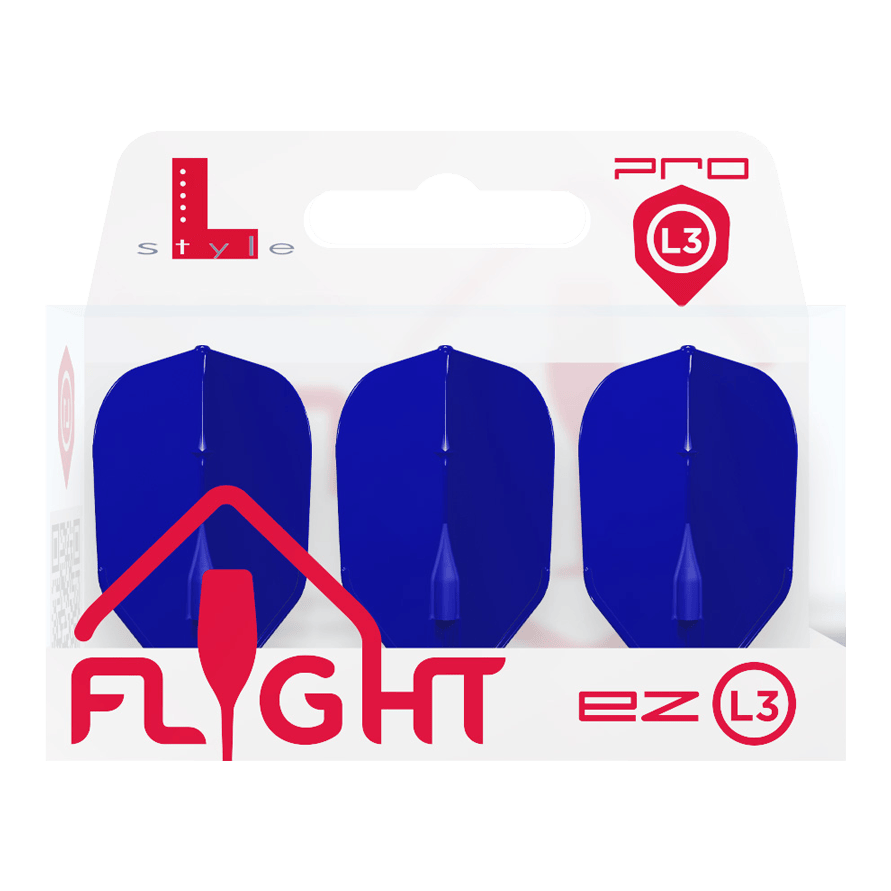 L-L-Style3EZ-vluchten Die Verpackung zeigt drei blaue Dart-Flights der Marke L-Style. Auf der Packung steht "FLIGHT ez L3" in roten Buchstaben.