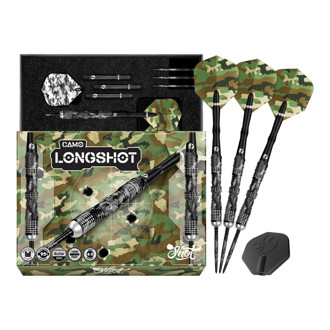 Shot Camo Longshot Turbo Point Steeldarts - 23g Das Bild zeigt Shot Camo Longshot Turbo Point Steeldarts - 23g in voller Ansicht. Mehrere Darts sind aufgereiht.