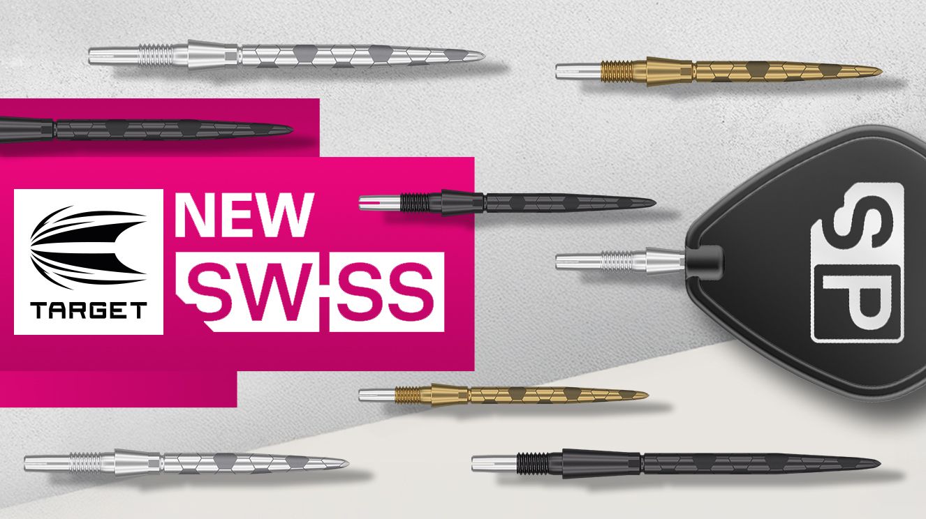 Das Bild zeigt verschiedene Dart-Spitzen in Schwarz, Silber und Gold, die von der Marke Target präsentiert werden. Im Hintergrund ist ein auffälliges rosa Feld mit dem Text "NEW SWISS" sowie das Target-Logo zu sehen.