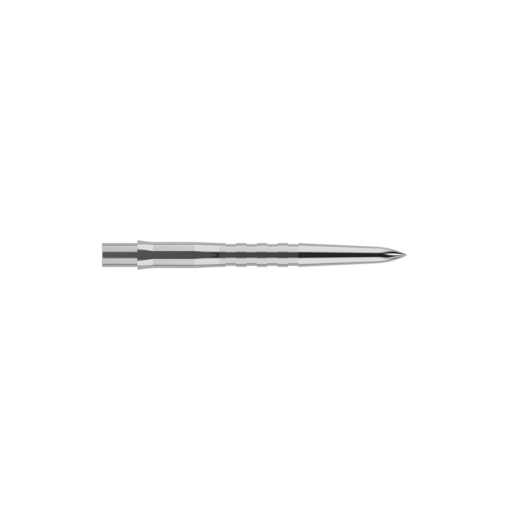 Mission Caliburn EVO dartpunten - gegroefd - zilver Auf dem Bild ist eine silberne, gerillte Steeldartspitze zu sehen. Sie ist schmal, lang und hat eine spitze Vorderseite.