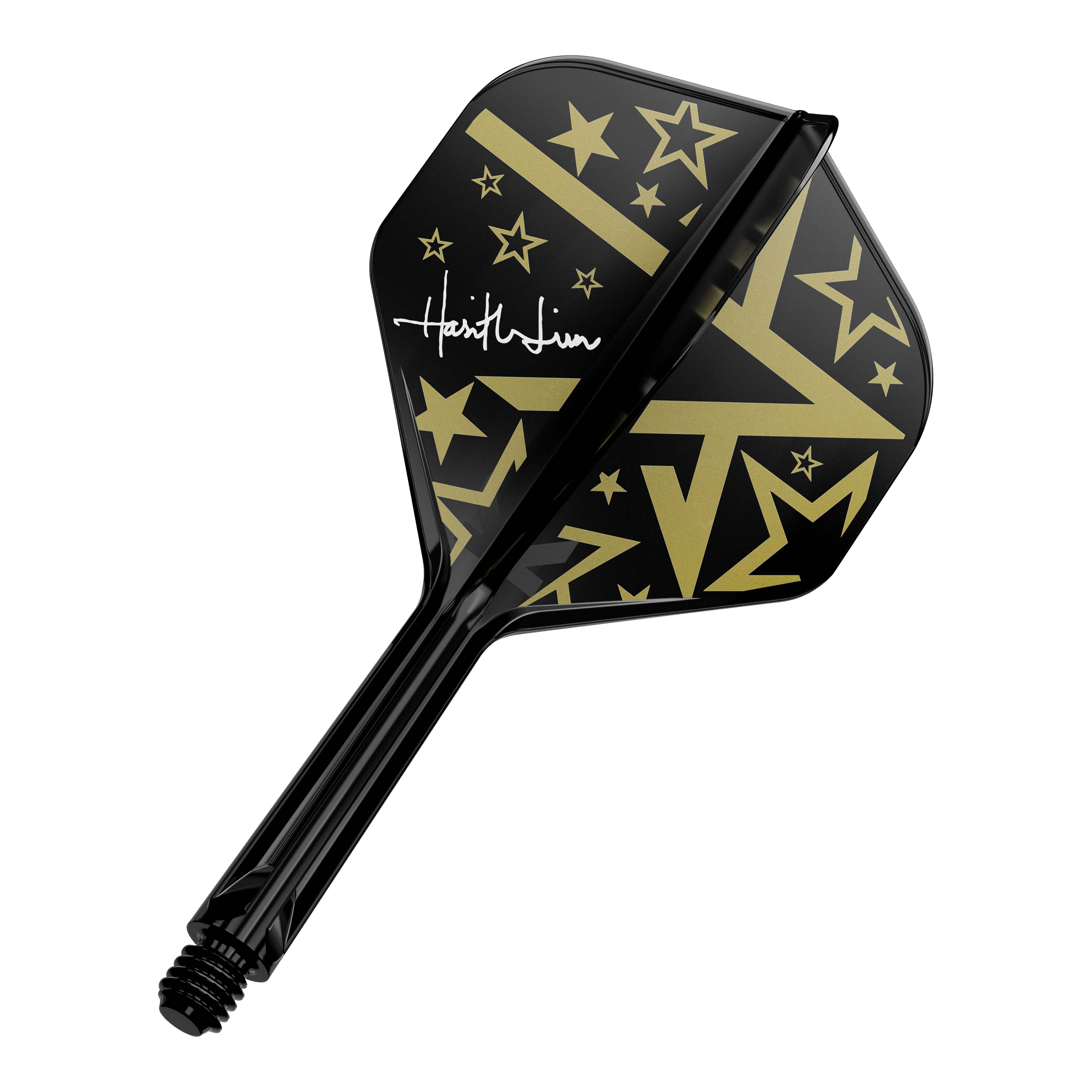 Target Japan K-Flex Hot Shot No2 Standaard Vlucht Shaft Systeem Dies ist ein schwarzer Dart-Flügel mit goldenen Sternen und Linien als Muster. Auf dem Flügel befindet sich außerdem eine weiße Unterschrift.