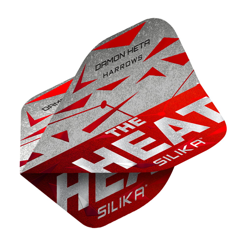 Harrow's Silika Damon Heta Series 3 vluchten Das Bild zeigt die Harrows Silika Damon Heta Series 3 Flights. Die Flights sind überwiegend in Rot, Grau und Weiß gestaltet und tragen den Schriftzug "THE HEAT" sowie den Namen "DAMON HETA".