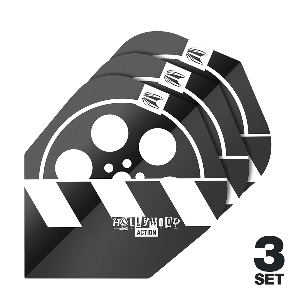 Target Pro Ultra Chris Dobey Hollywood Action No6 Vluchten - 3 Sets Das Bild zeigt drei Sets der Target Pro Ultra Chris Dobey Hollywood Action No6 Flights. Die Flights haben ein schwarz-weißes Design mit einem Filmrollen- und Klappenmotiv sowie dem Schriftzug "Hollywood Action".