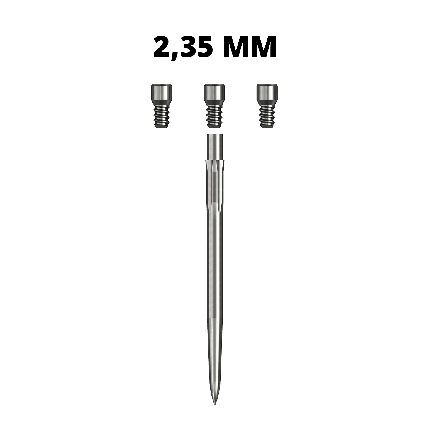 Caliburn-systeemkranen Hier sieht man eine Caliburn Evo System Steeldartspitze Spigot mit einer Länge von 23,5 mm. Die silberne Spitze ist einzeln dargestellt.