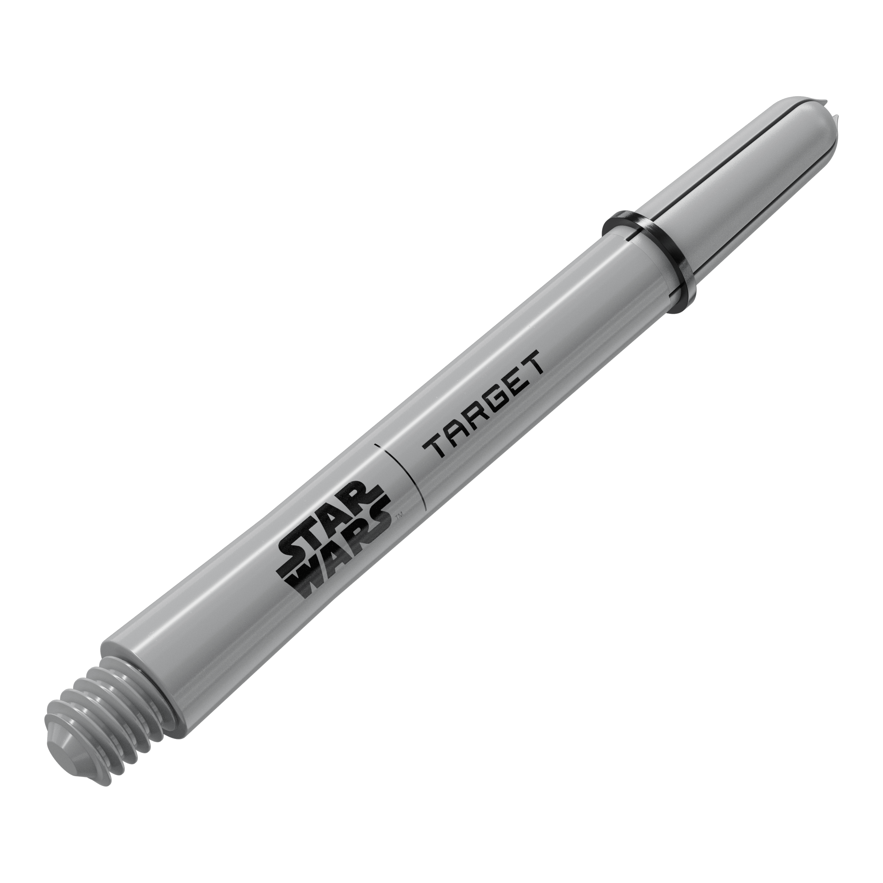 Target Star Wars ProGrip Shafts - Grijs Das Bild zeigt ein Dart-Zubehör mit dem Dateinamen 380432_Target_StarWars_ProGrip_Shafts_Grau_Medium_48mm_2. Es handelt sich vermutlich um einen weiteren grauen Medium ProGrip Shaft von Star Wars mit 48mm Länge.