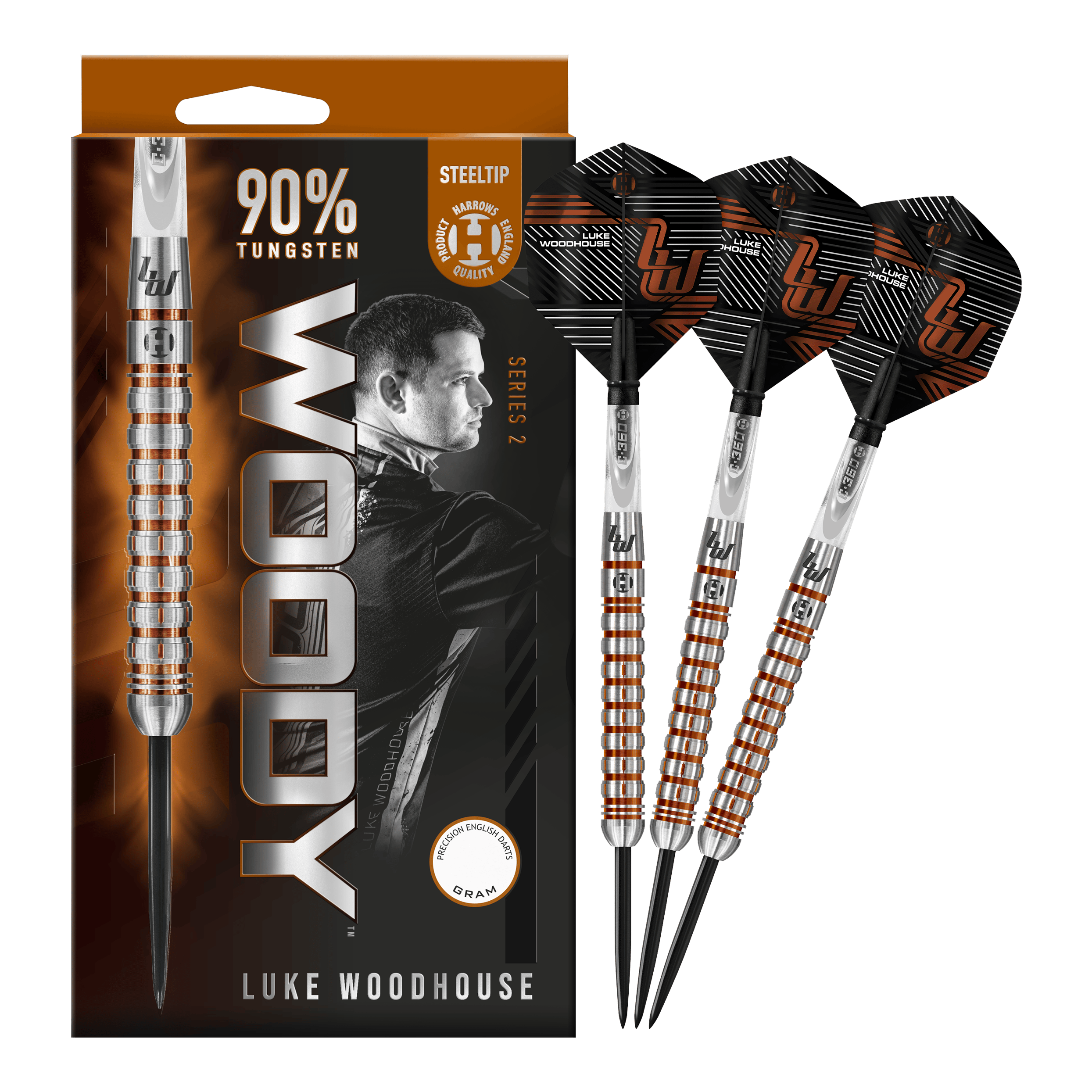 Luke Woodhouse Series 2 stalen darts van Harrow Auf dem Bild sind die Harrows Luke Woodhouse Series 2 Steeldarts zu sehen. Die Verpackung zeigt das Dart-Design sowie ein Porträt von Luke Woodhouse und die Aufschrift "90% Tungsten".