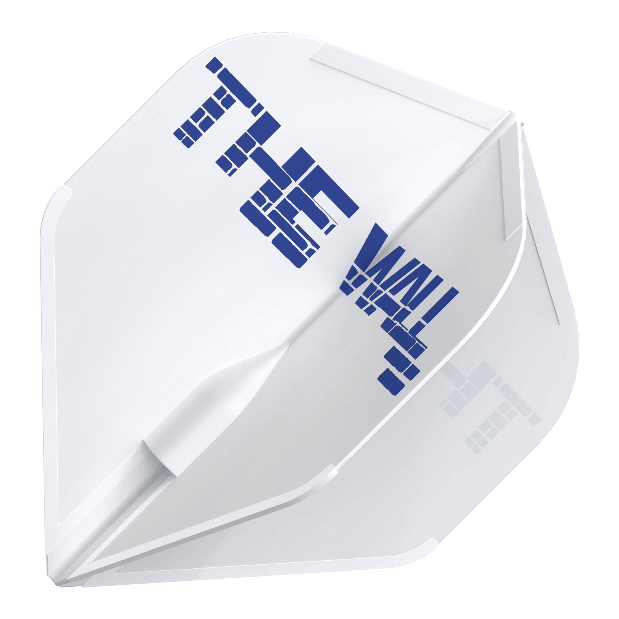 L-Style Martin Schindler White L1EZ Vluchten Das Bild zeigt ein weißes Dart-Flight mit dem blauen Schriftzug "THE WALL". Es handelt sich um das Produkt "L-Style Martin Schindler Weiß L1EZ Flights".