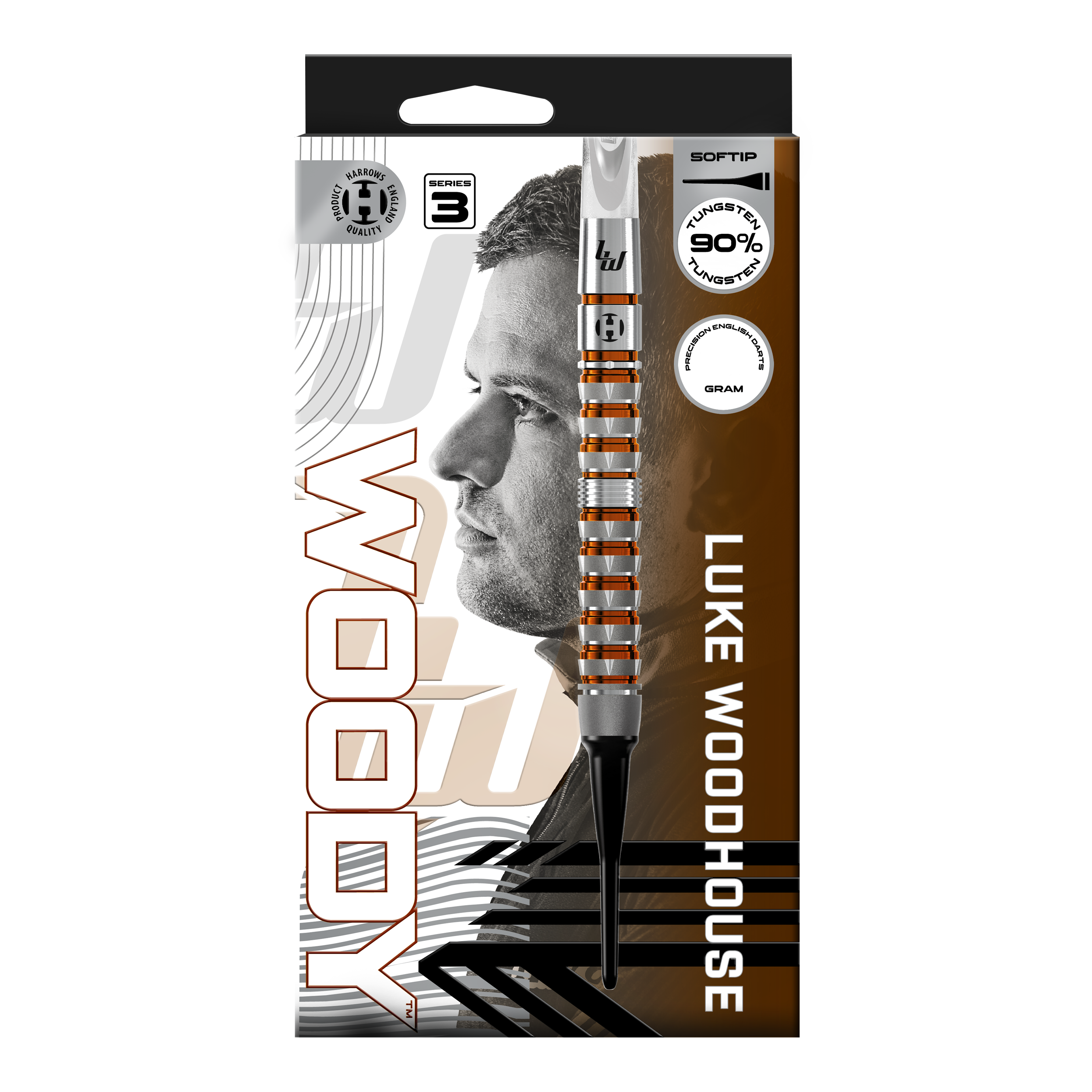 Hier ist das Produkt Harrows Luke Woodhouse Series 3 Softdarts - 18g zu sehen. Das Foto stellt die Softdarts in der 18-Gramm-Ausführung dar.