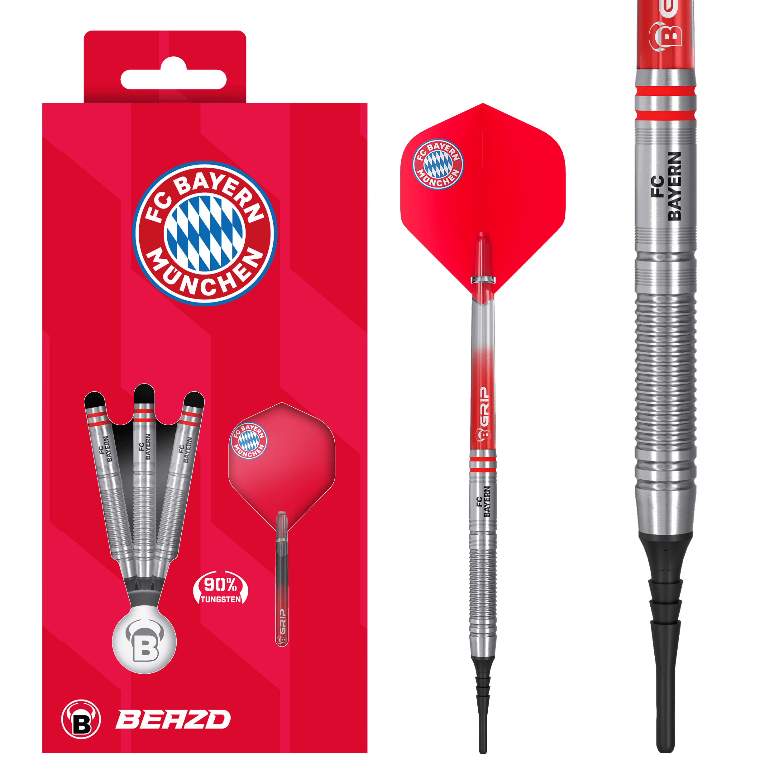 Beazd FC Bayern München Tungsten Zachte Darts - 18g Das Beazd FC Bayern München Tungsten Softdarts – 18g Set liegt nebeneinander. Logos und Barrel-Muster sind klar erkennbar.
