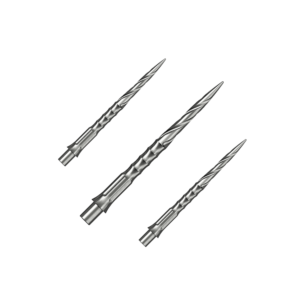 Caliburn System stalen dartpunten - Spiro - NoLip - zilver Ein Set silberner Steeldartspitzen ist auf dem Bild zu sehen. Die Spitzen sind im Spiro NoLip Stil und 30 mm lang.