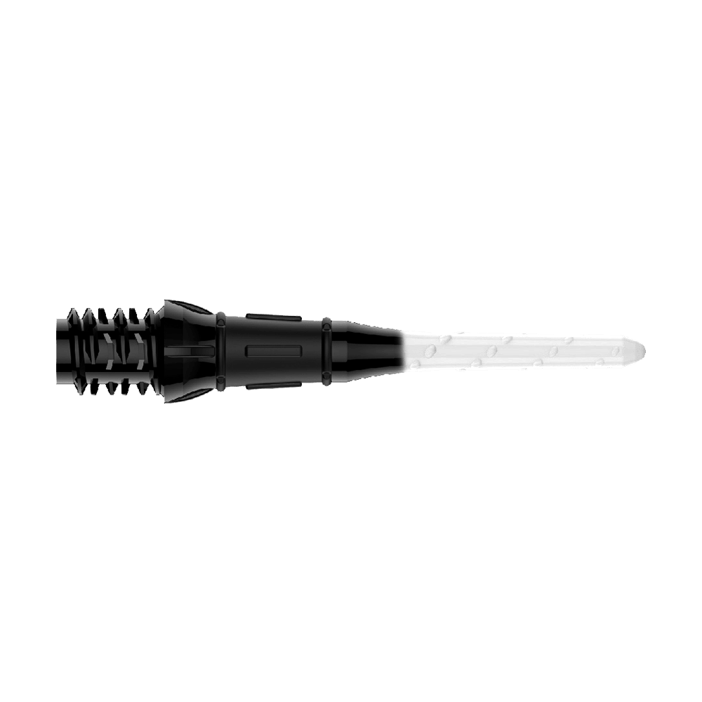 L-Style Premium Two Tone Lippoints (verpakking van 30) Das Bild zeigt eine schwarze und weiße Dartspitze mit einem zweifarbigen Design. Die linke Seite ist schwarz und die rechte Seite ist weiß.